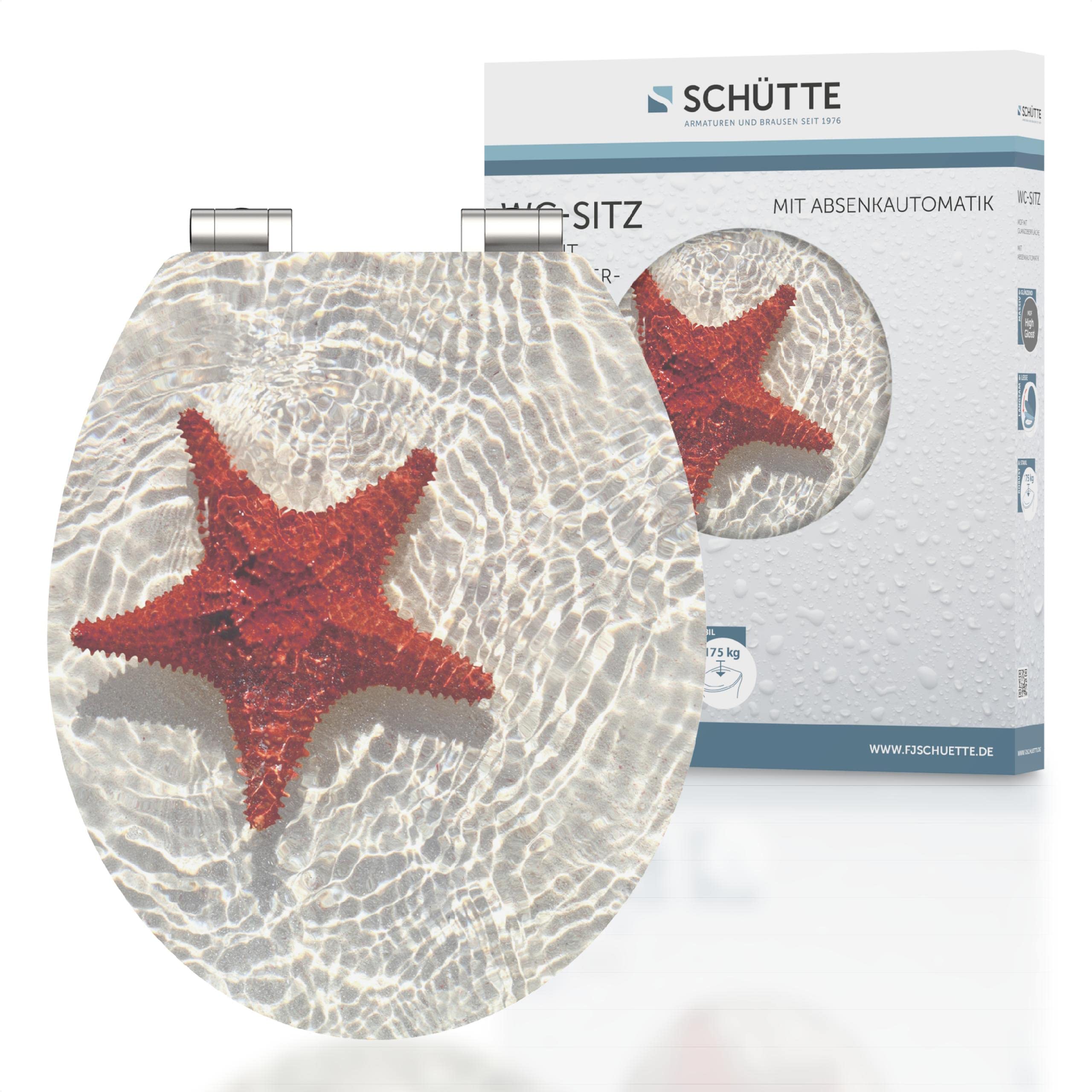 SCHÜTTE Starfish Wooden Toilet Seat with Soft-Close Mechanism, 175 kg Load Capacity, MDF Wood Core Toilet Seat with Motif