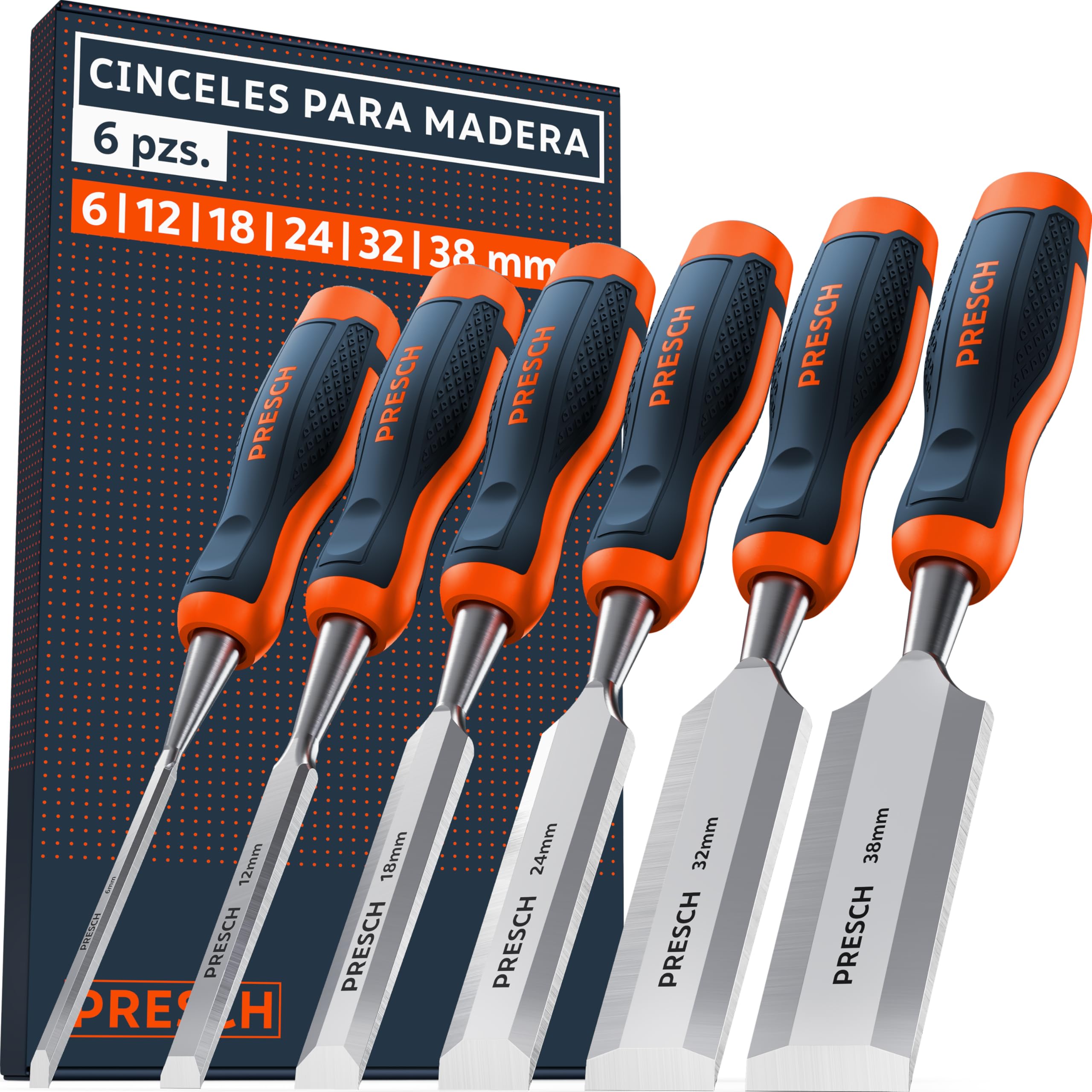 Presch Juego de cinceles para madera 6 uds. - Completamente afilados (6, 12, 18, 24, 32, 38mm) - Con ángulo de cuña de 25° e una robusta caperuza metálica para impactos