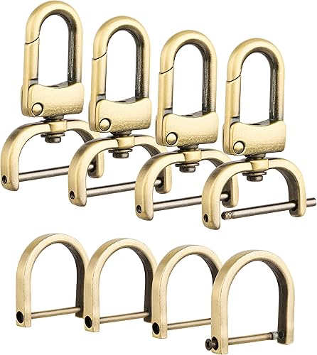 4 piezas Gancho de Presión Desmontable Giratorio con 4 piezas Anillos en D Grillete Atornillable para Reemplazo de Correa de Bolso DIY (Latón, 1