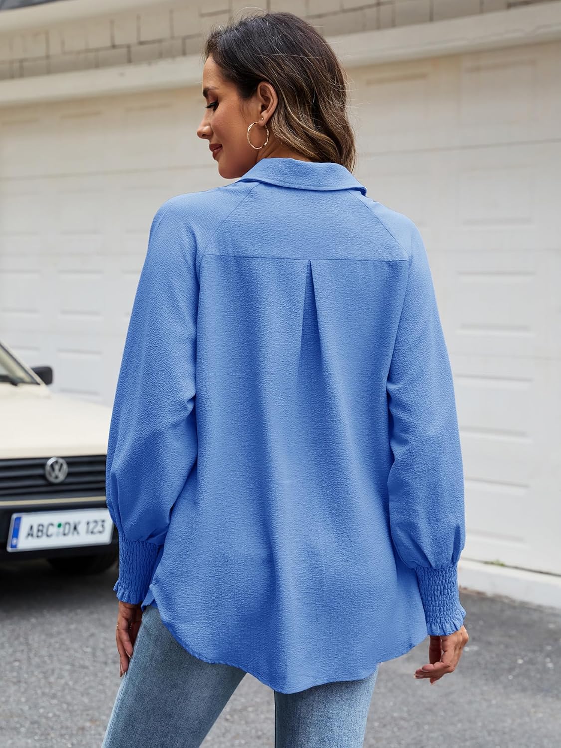 Womens Striped Button Down Shirts Smocked Puff Sleeve Boyfriend Blouse Collar Oversized Work Tops with Pocket - Image 4