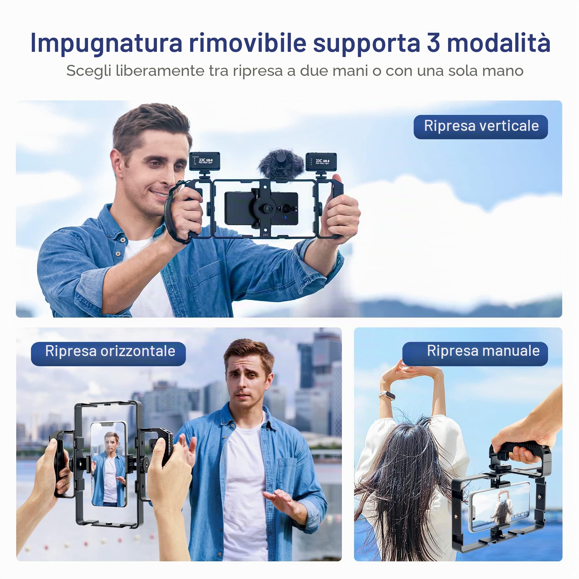 [Multiuso] JJC - Supporto video universale per smartphone + kit di controllo remoto Bluetooth per iPhone 17 16 15 14 13 12 11 Pro Max Huawei Samsung Mobile Phone Video Stabilizzatore portatile riprese