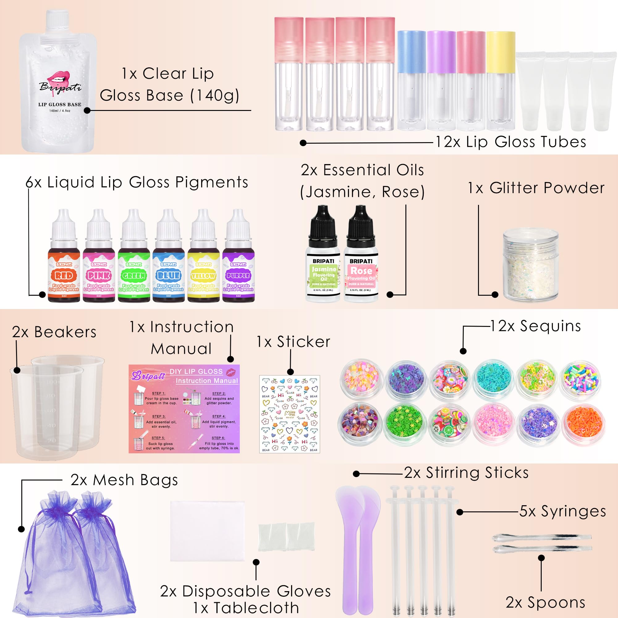 BRIPATI DIY Lip Gloss Making Kit with Clear Base, Pigments, Glitter and Tubes