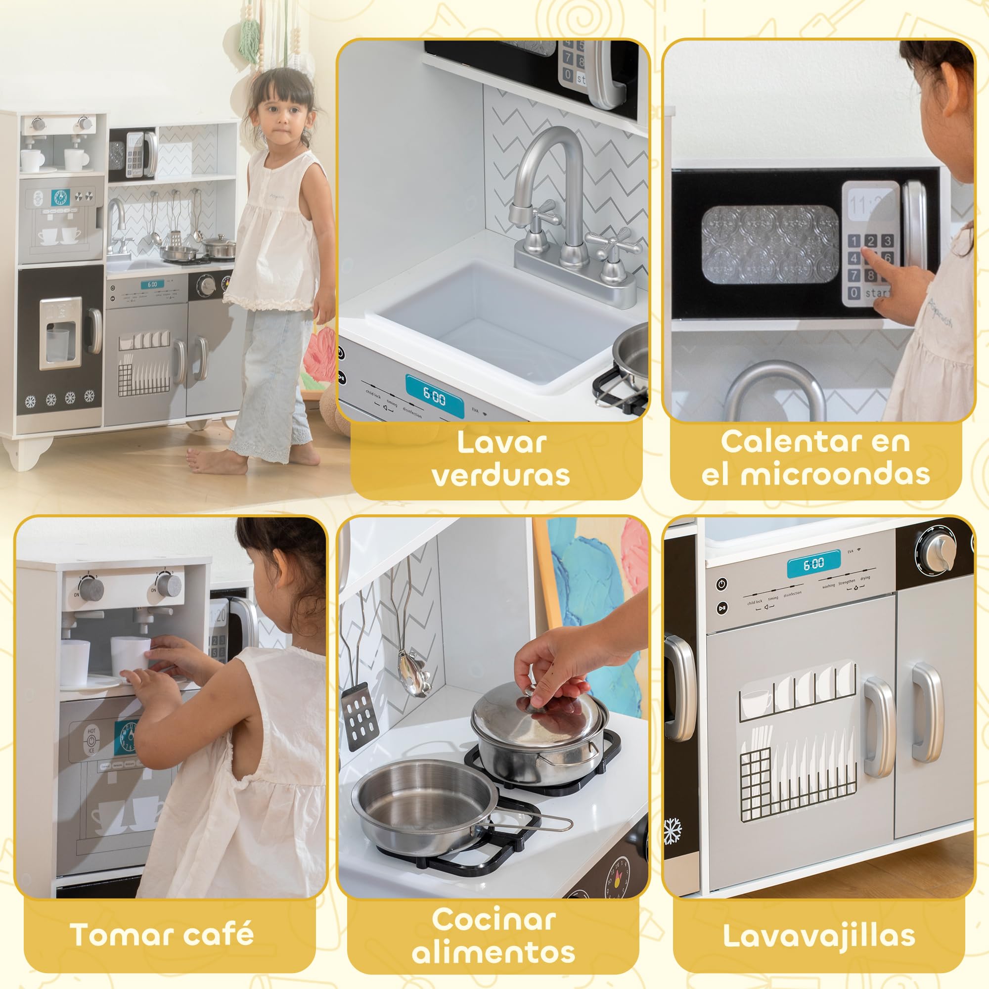 AIYAPLAY Cocina de Juguete de Madera con Sonido 79,5x24x83,8 cm Blanco | Cocinita Infantil, Accesorios de Acero Inoxidable, Microondas, Máquina de Hielo, Cafetera, Lavavajillas