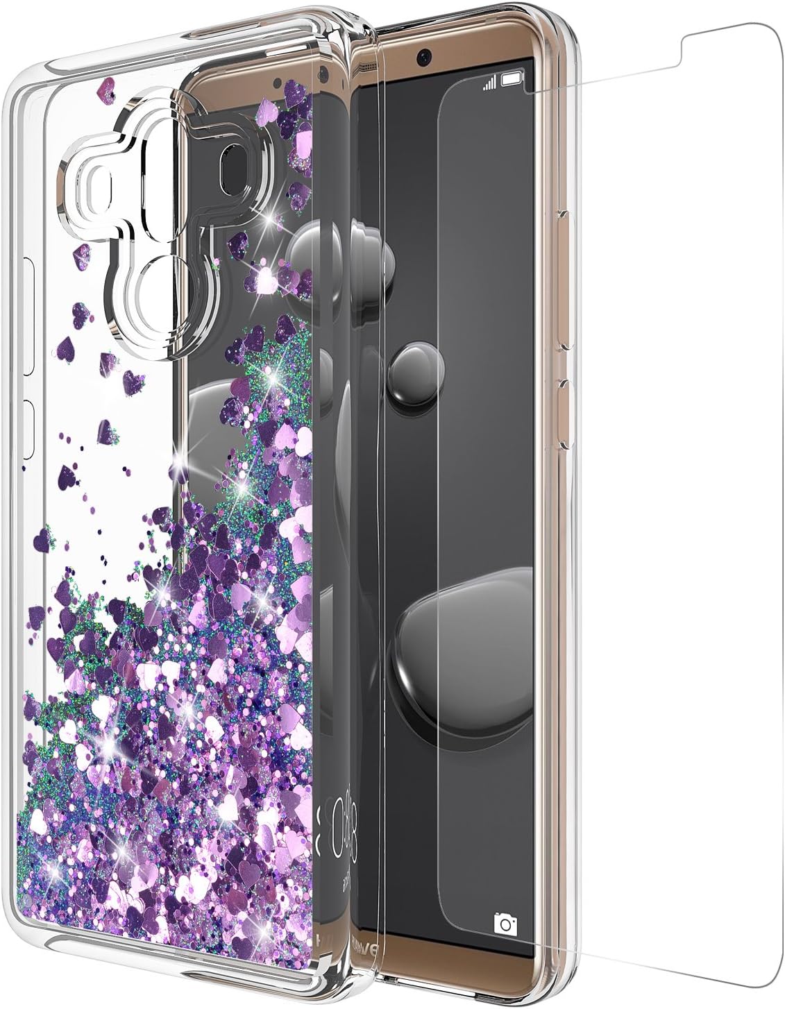 Huawei Mate 10 Pro Case with Tempered Glass Screen Protector, Rosebono Quicksand Glitter Sparkly Bling Liquid Shiny Luxury Clear Soft TPU Protective Cover for Huawei Mate 10 Pro (Purple)