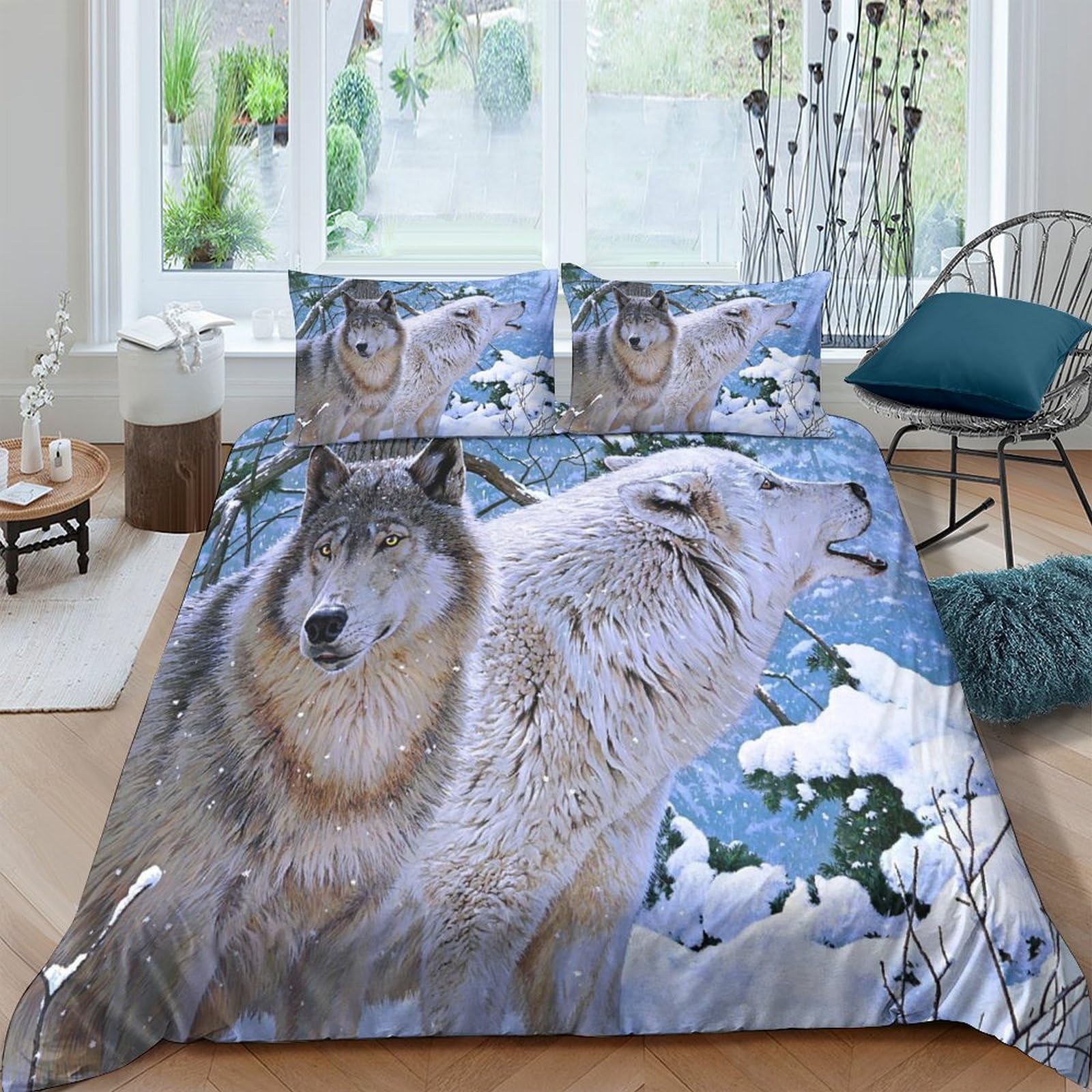 Housse de couette loup 3D animaux sauvages parure de lit 3 pièces