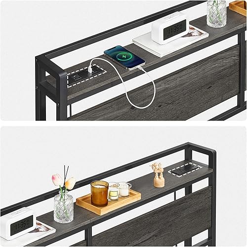 Miniatura 7 de HOOBRO Cabecera tamaño King, cabecera con 2 salidas y 4 puertos USB, altura ajustable, estante de almacenamiento, resistente y estable, fácil