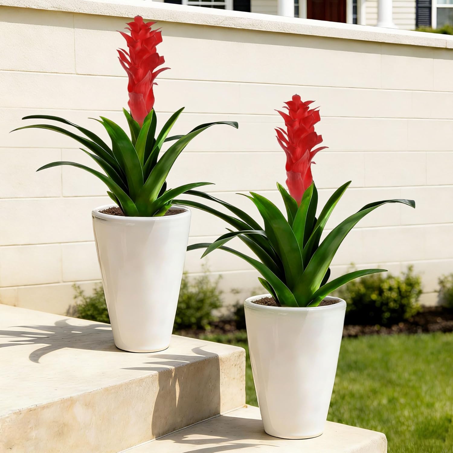 Ivydale Fake Flowers Plants for Outdoors, 2 Pcs 16.93" Bromeliad Artificial Flowers Uv Resistant Realistic Faux Flowers for Outdoor Planters Outside Porch Patio Yard Garden Indoor Decoration(White)