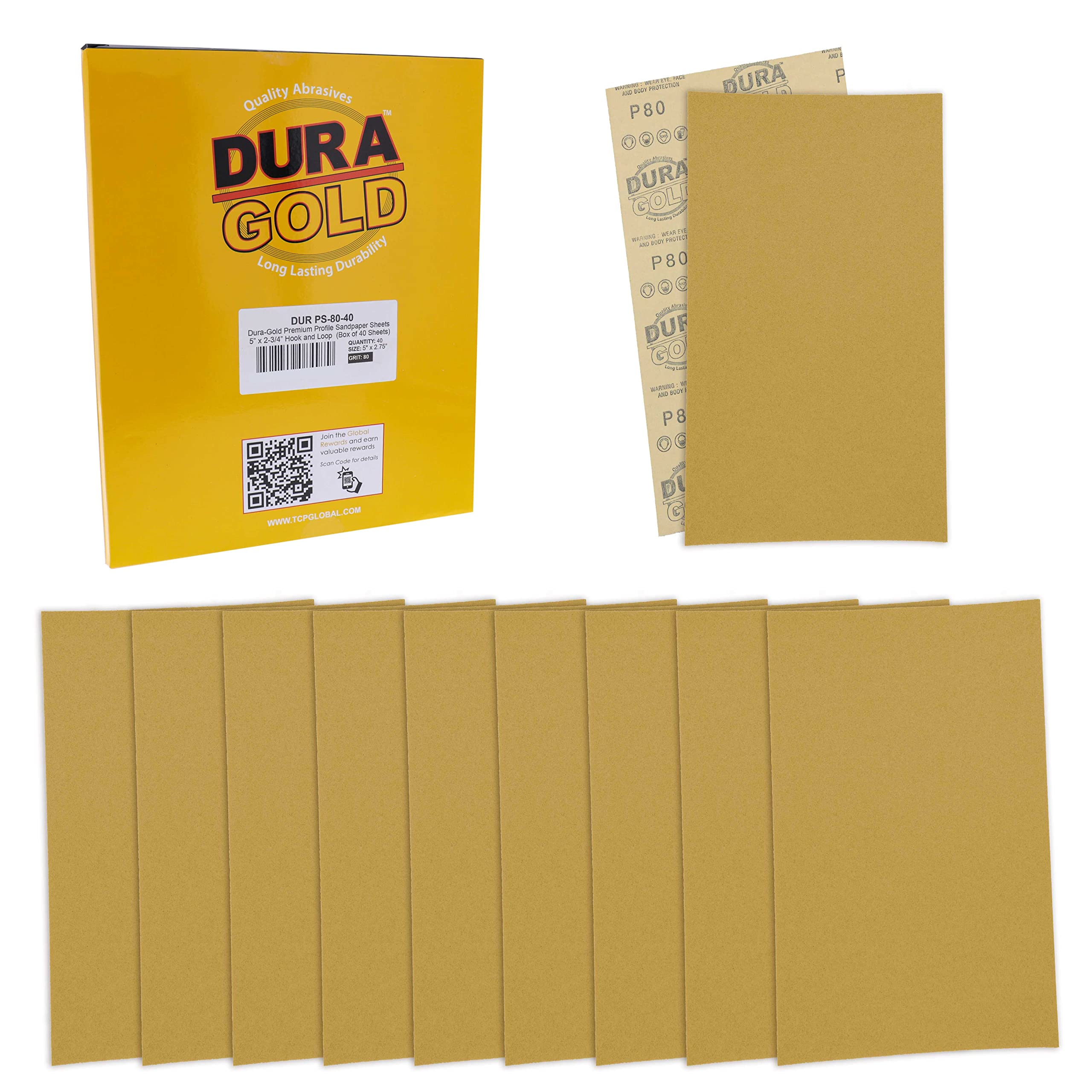 Dura-Gold Premium 5" x 2.75" Gold Sandpaper Sheets, 80 Grit (Box of 40) - Hook & Loop Backing, Wood Furniture Woodworking, Auto Paint - for Palm