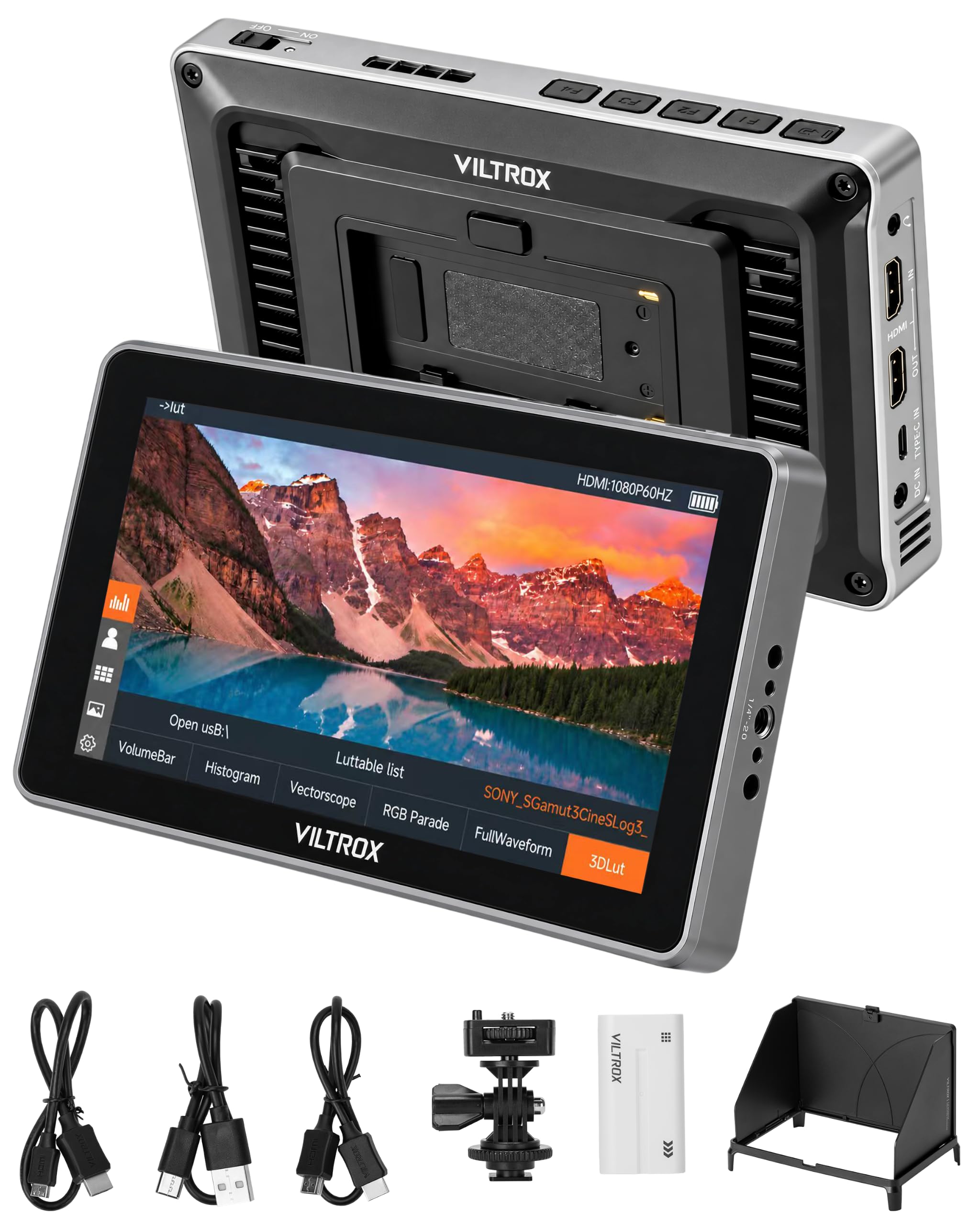 VILTROX 7'' Camera Field Monitor 7 inch Touchscreen Camera Monitor, Full HD 1920x1080 Video Monitoring, 3D Lut, RGB Parade with Sunshade Hood and Battery for Sony Canon Nikon (DC-L1)