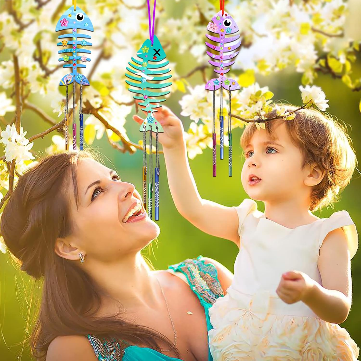 Fennoral 12 Pack Fish Bone Wind Chime Craft Kit for Kids image 3