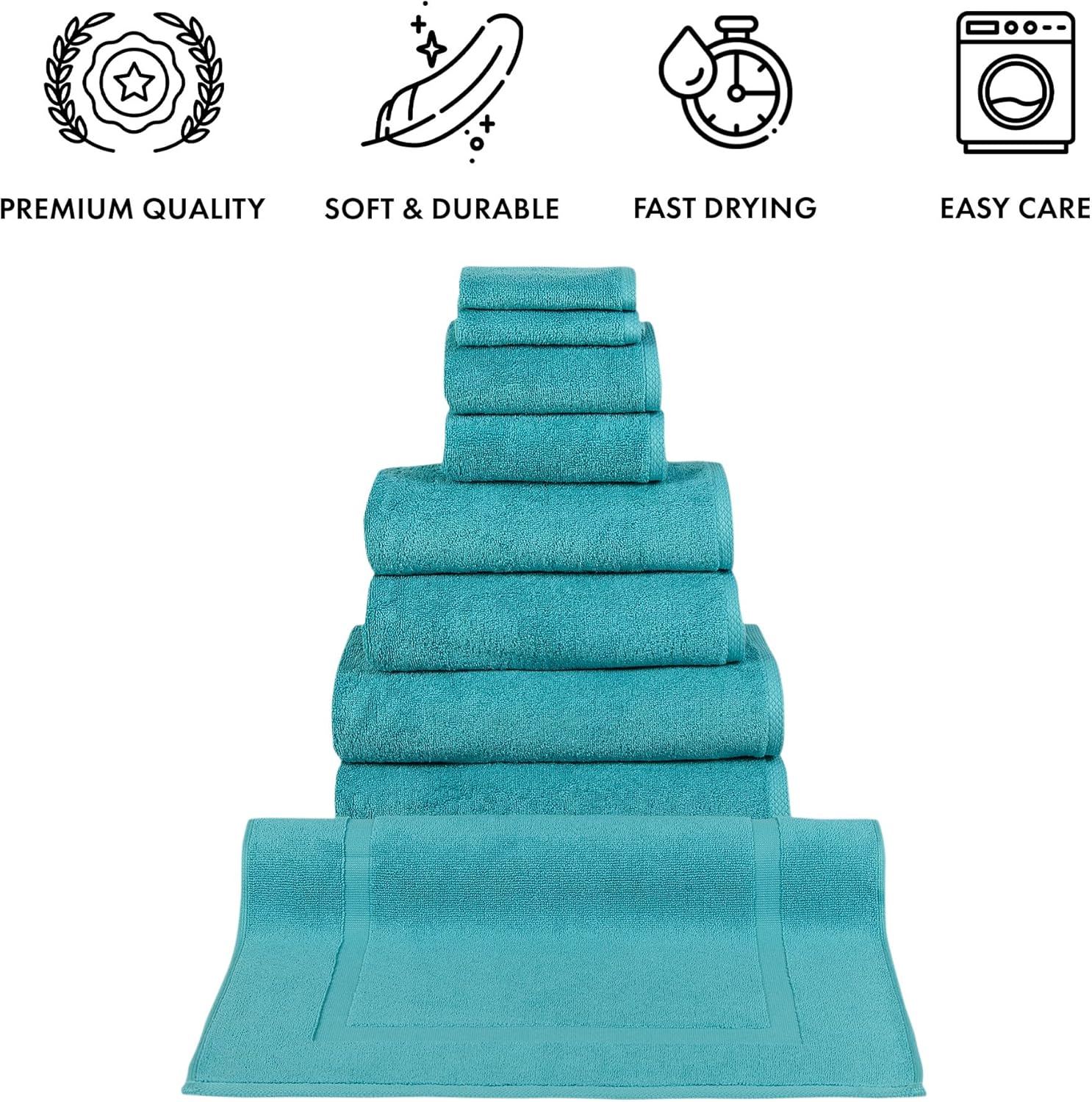 Classic Turkish Towels CTT - 9 Piece Premium Towel Set, 100% Turkish Cotton, Highly Absorbent & Comfy, Includes 2 Bath Towels, 2 Hand Towels, 2 Washcloths, 2 Bath Sheets & 1 Bath Mat | (Aqua)