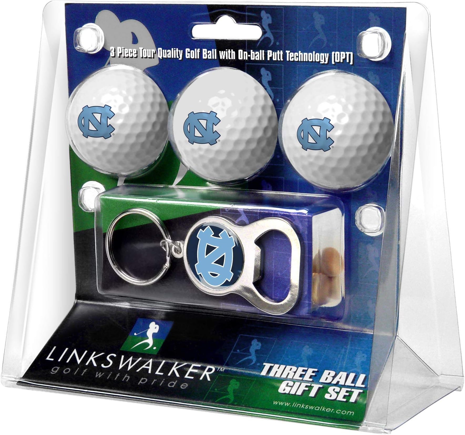 LinksWalker North Carolina Tar Heels - 3 Golf Ball Gift Pack with Key Chain Bottle Opener