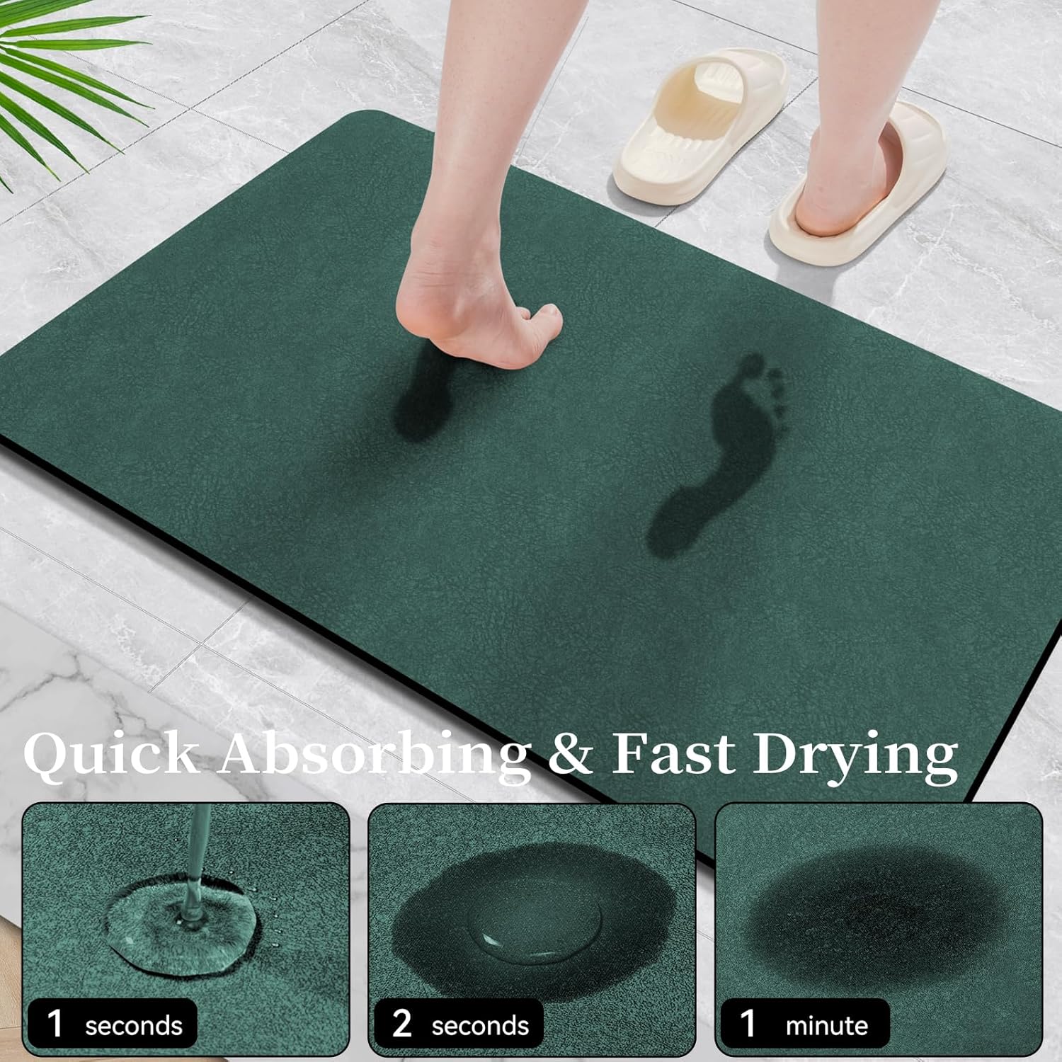 Bath Mat Rugs 32x17 - Diatomaceous Earth Bath Mat Quick Dry Absorbing Bathroom Rugs Rubber Non Slip Thin Bathroom Mat Fit Under Door, Bath Mat for Bathroom Floor, Tub and Shower, Sink, Dark Green - Image 3