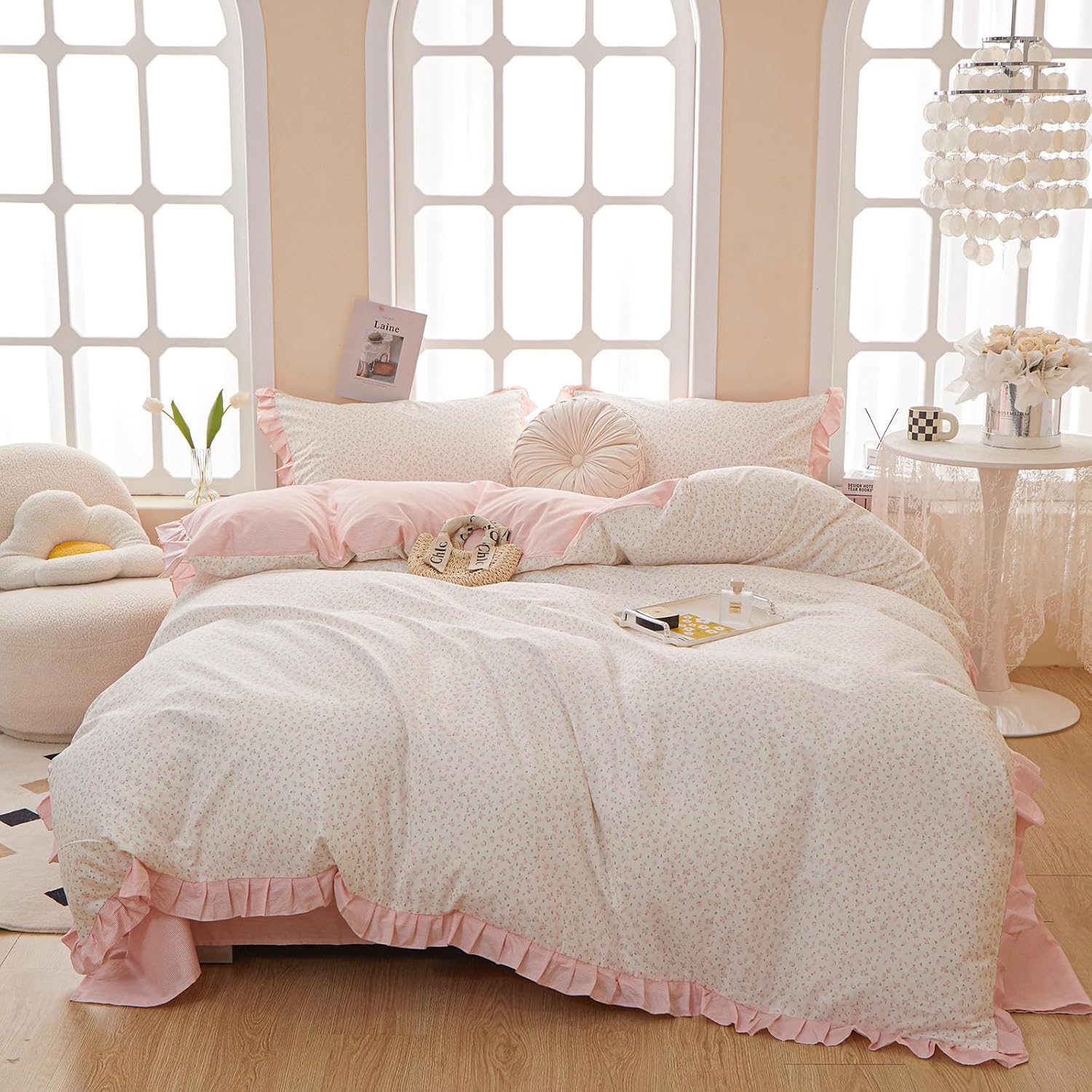 Pink Floral Full Size Comforter Ruffle Boho Bedding Set Fluffy Lightweight All Season Down Alternative Bedding Comforter Set Soft Microfiber Cute Striped Comforter with 2 Pillowcases