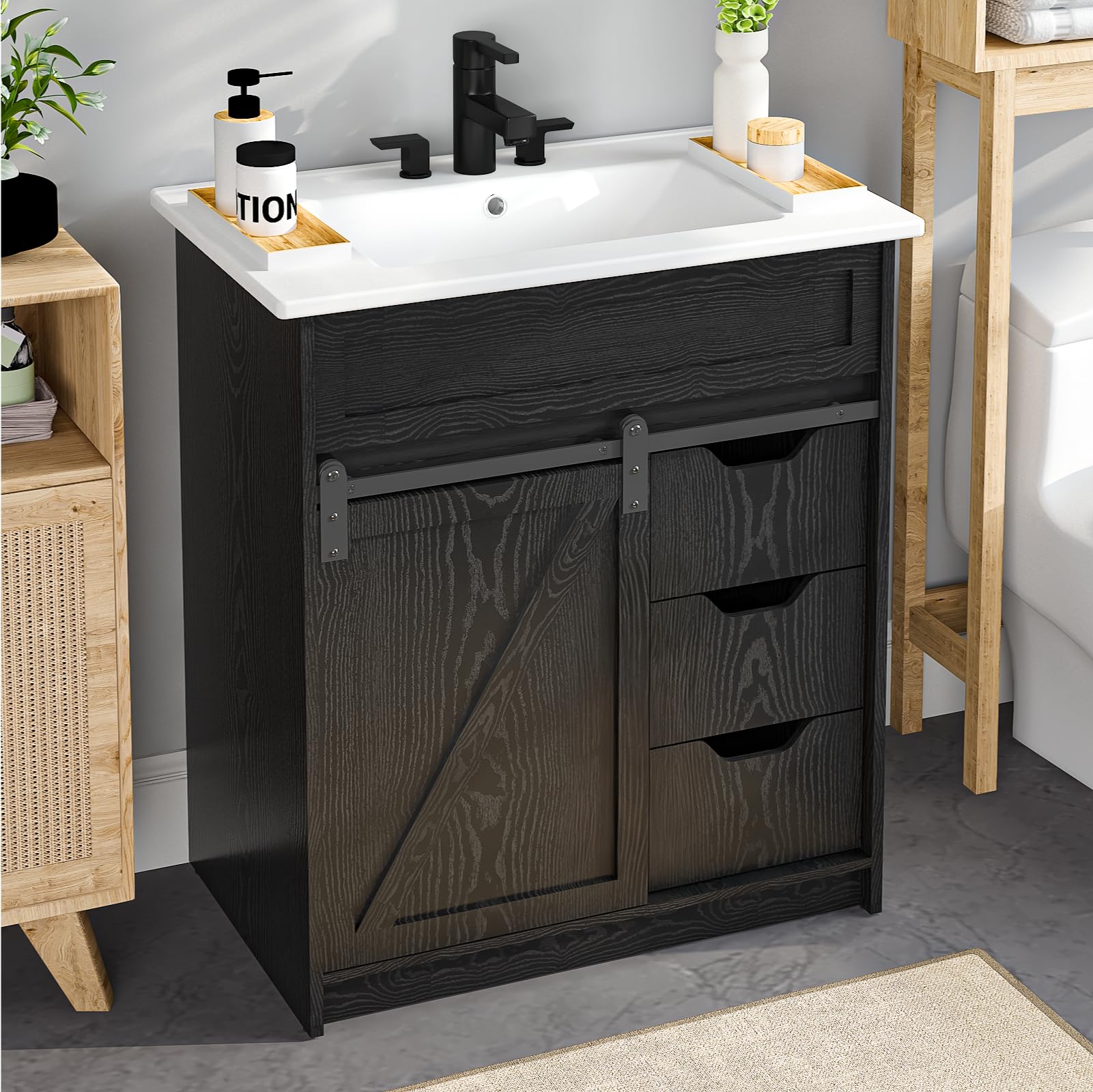 30' Bathroom Vanity with Sink, Sliding Barn Door & 3 Drawers (ELEVACHIC)