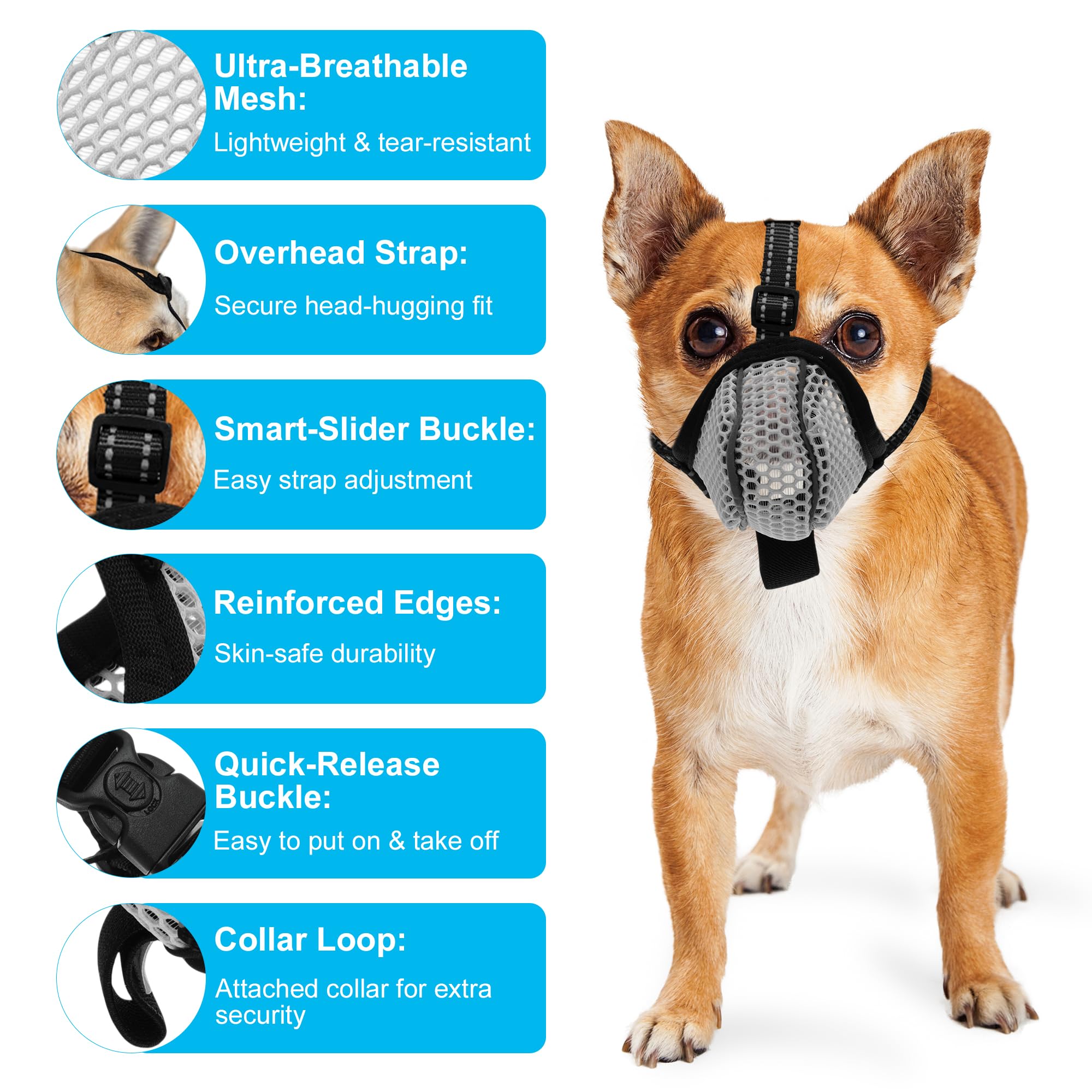 RENEWREVITAL Dog Muzzle, Muzzle for Small Dog, Breathable Soft Muzzle, Reflective Adjustable Basket Muzzle with Air Mesh, X-Small, Grey