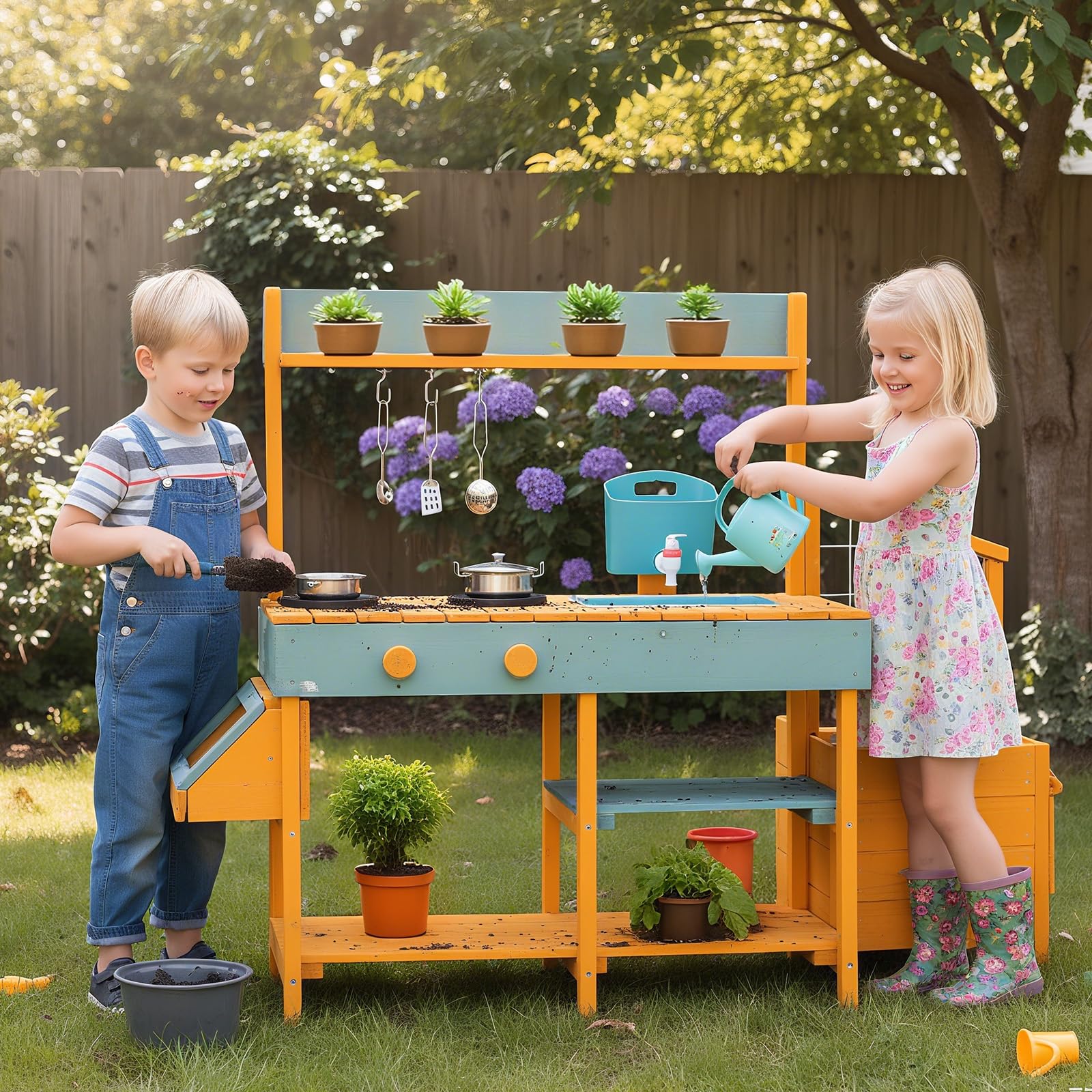 COSTWAY Matschküche Kinder Outdoor, Kinderküche mit Pflanzkasten & Rankgitter, Holzküche mit Wasserfunktion, Garten Spielküche, Outdoorküche inkl. Zubehör für Kinder ab 3 Jahren (Gelb + Hellgrün)