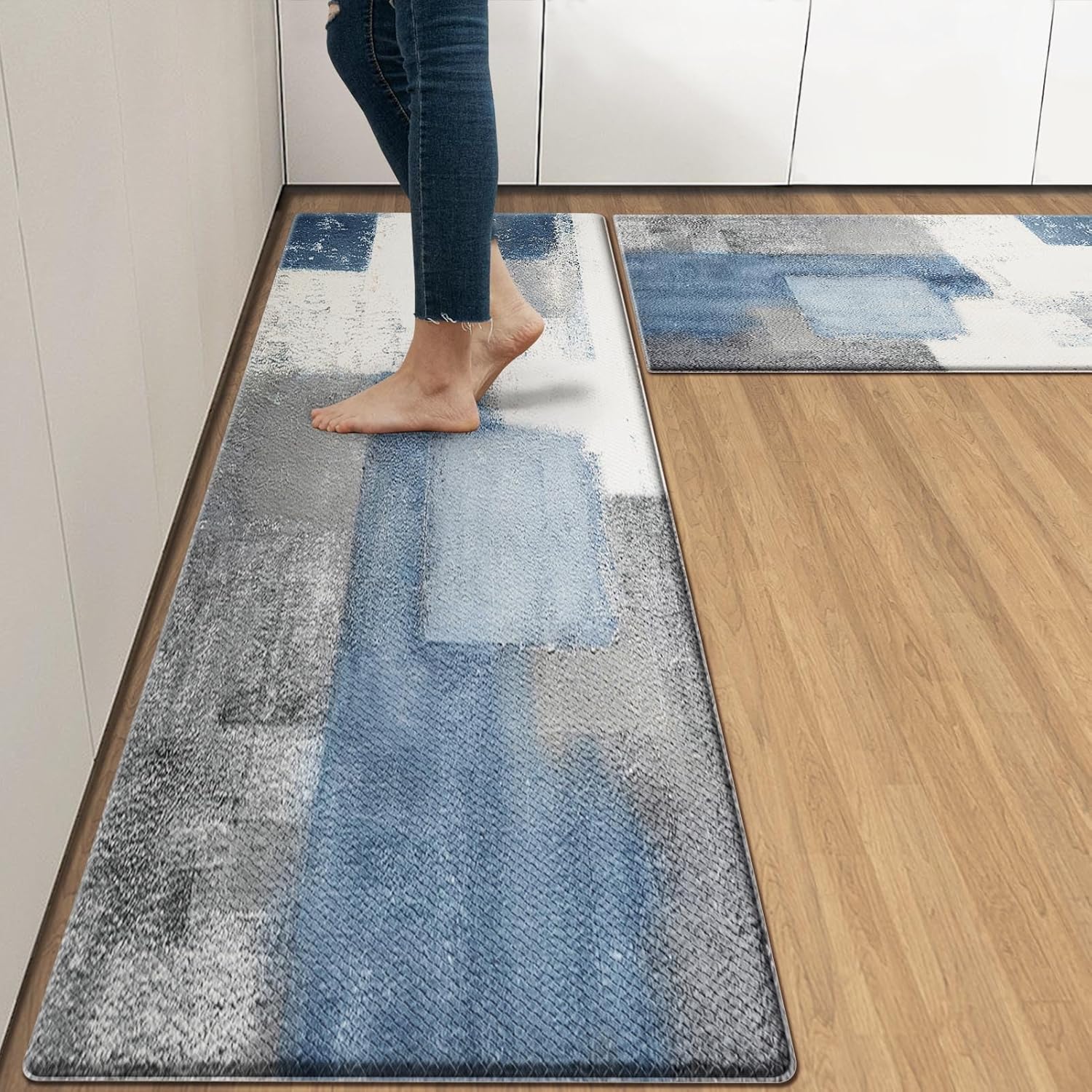 Anti-Fatigue Kitchen Rug Set of 2 Navy Blue Grey Abstract Cushioned Floor Mat, Standing Waterproof Non-Slip Mat and PVC Ergonomic Comfort Foam Rug for Kitchen