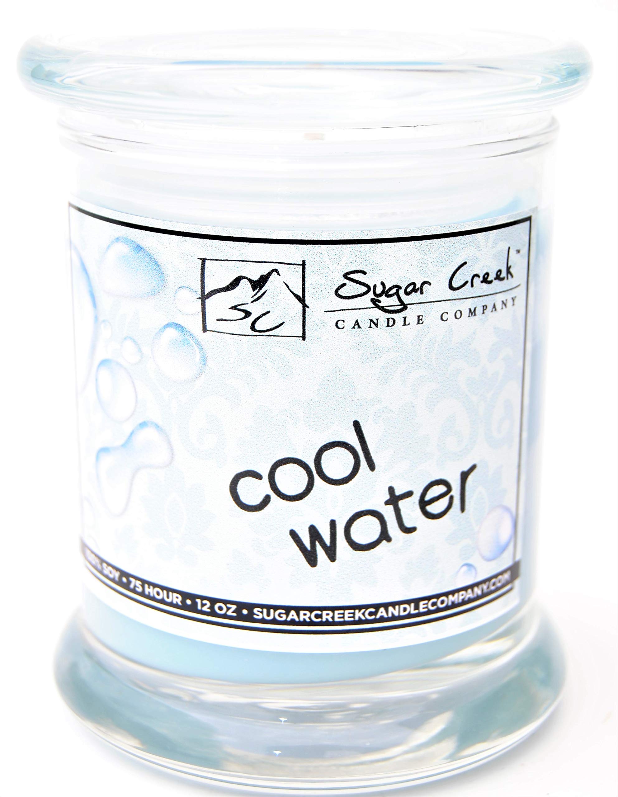 Sugar Creek Candles | Cool Water (Men's Cologne) - 12 oz Glass Top Jar, (75-Hours Burn Time) | 100% Organic Soy Wax, Non-Toxic, Made in USA