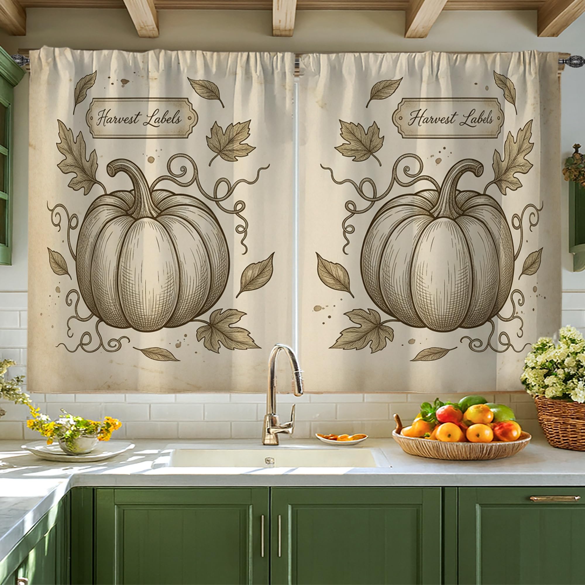 Rideaux citrouilles vintage contre le vis-à-vis de cuisine, voilage beige 106x114 cm