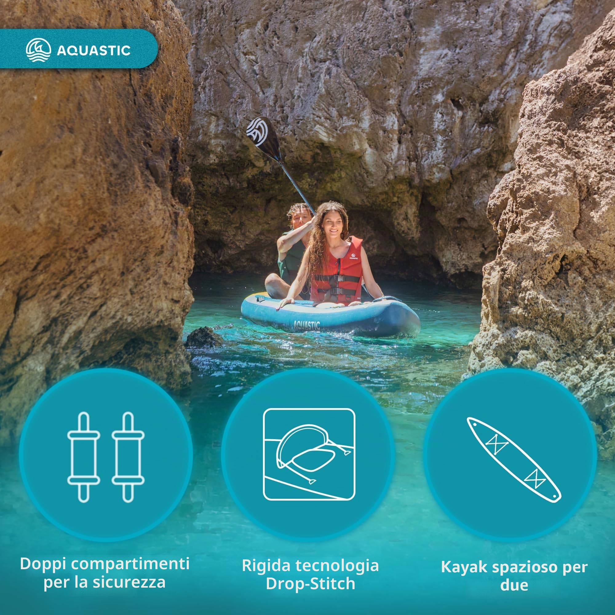 AQUASTIC Raglan 13'2" SUP Kayak Hybrid Board – 620 l, 2 posizioni di pagaia, sedile montabile, Drop Stitch Lite, 98 cm di larghezza, 2 pinne, Eva Deck, set completo con pagaia, pompa e zaino
