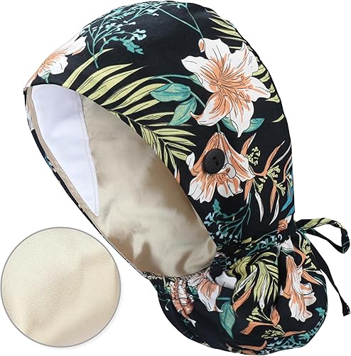 Miniatura 7 de QBA Gorra de trabajo ajustable con botón, gorro forrado de satén, gorro de trabajo de algodón, banda elástica para atar en la espalda, unisex