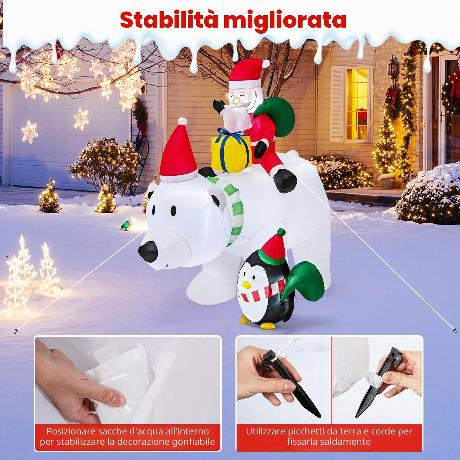 GYMAX Inflatable Natalizio di 210 CM, Orso Polare Gonfiabile con Testa Che Si Agita, Babbo Natale e Pinguino, Decorazione Natalizia Illuminata con Luci LED per Interni ed Esterni, con sacchi d'acqua