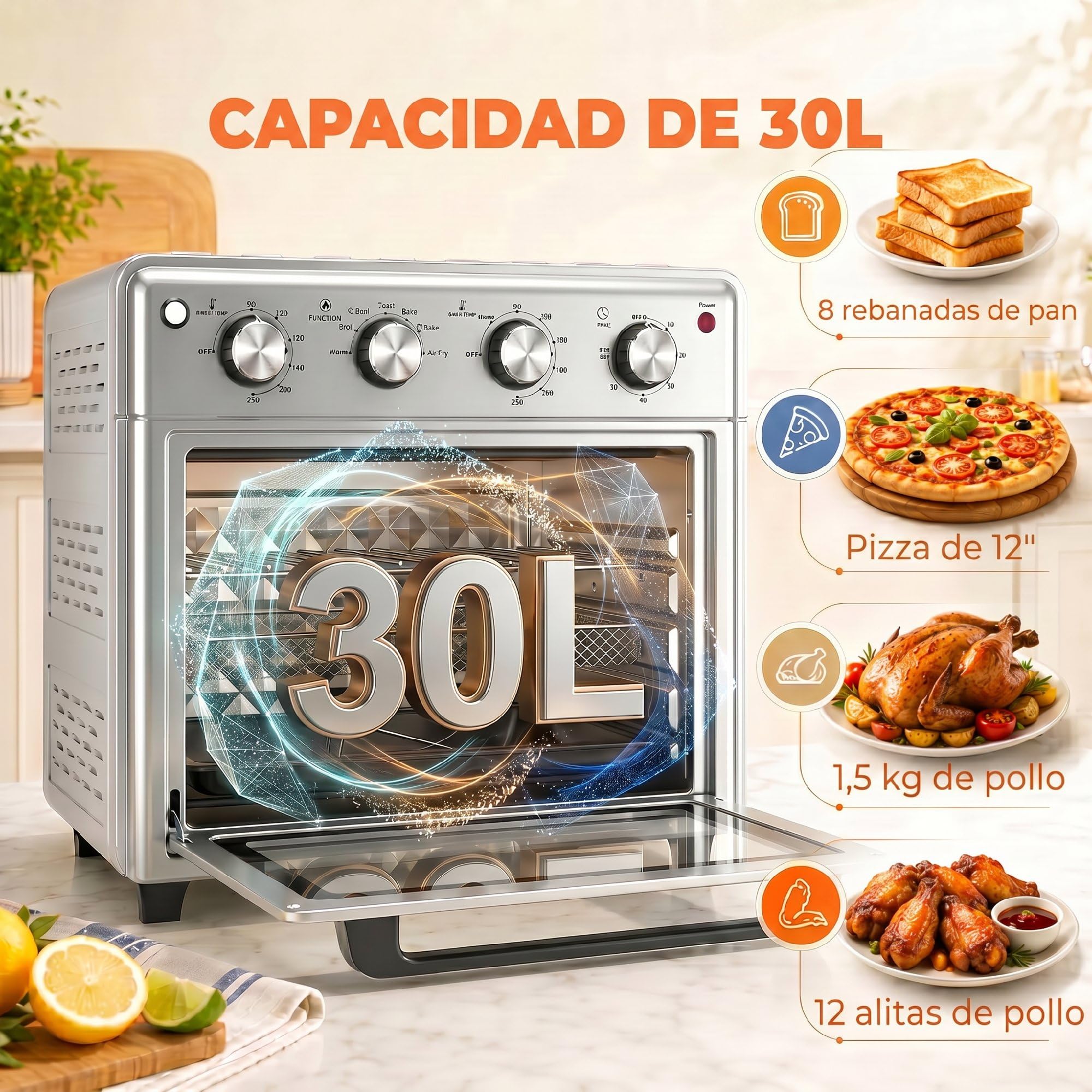 HOMCOM Horno Eléctrico Multifunción de Sobremesa 43x39x39 cm Plata | Mini Horno Tostador, 30L, 1600W, Freidora de Aire, 7 Modos de Calor, Temporizador y Temperatura Regulable