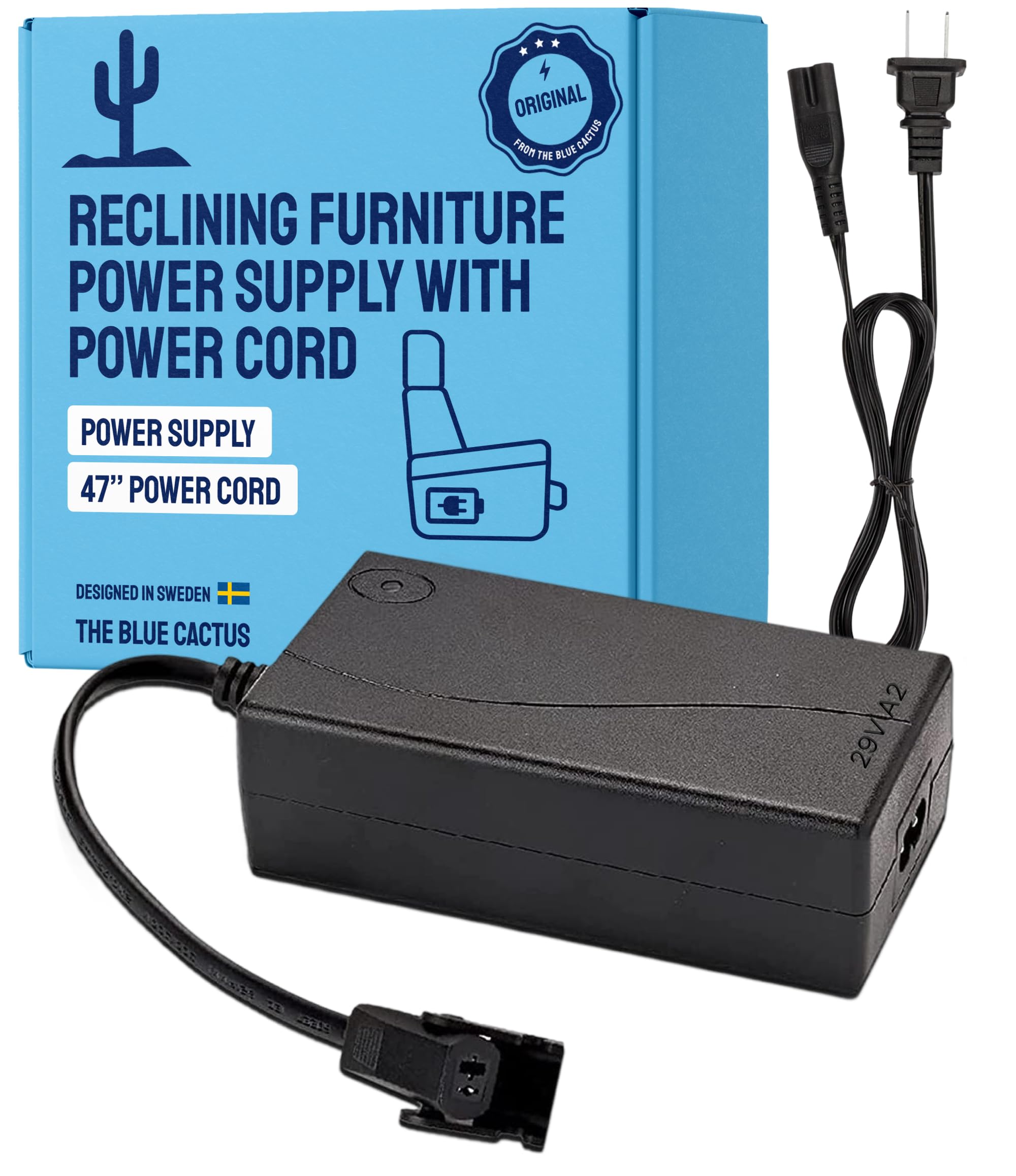 The Blue Cactus Company Reclining Furniture Power Supply with 47" Power Cord - Class 2, 2-Pin Furniture Connector - Gaming Chair & Electric Recliner