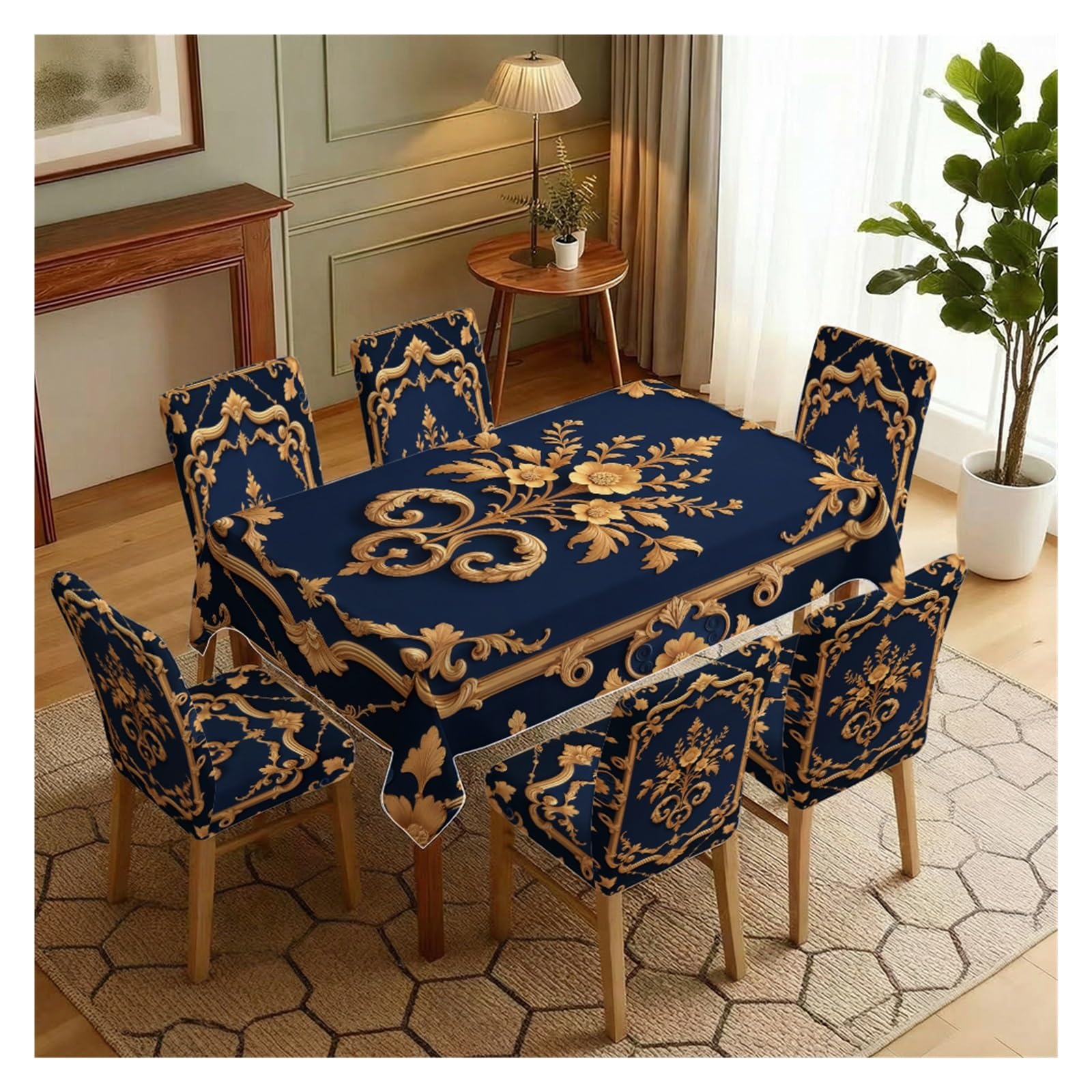 KXUAUV Stretch Dining Chair Slipcover & Tablecloth Set, Navy Blue Gold Baroque Pattern Print, 5/7 Pack, Luxury Classic European Home Decor Party Decor(7pcs Set: Tablecloth+Chair Covers)
