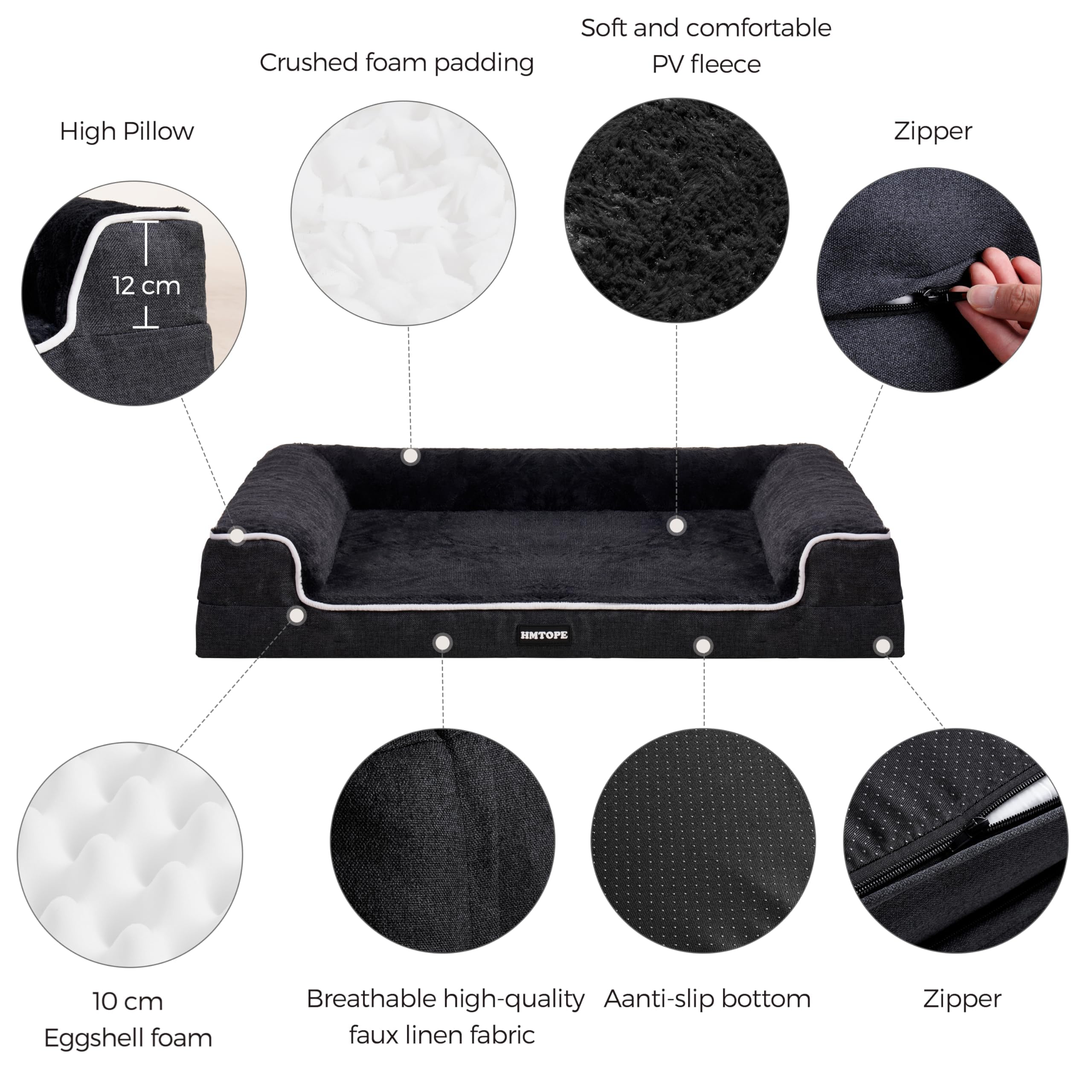 HMTOPE Orthopädisches Hundebett, Hundesofa, hohen Rand, Hundekissen, Hundekorb, Abnehmbar und waschbar, Grosse Hunde & MittelgroßeHunde-120x85x22cm, Grau