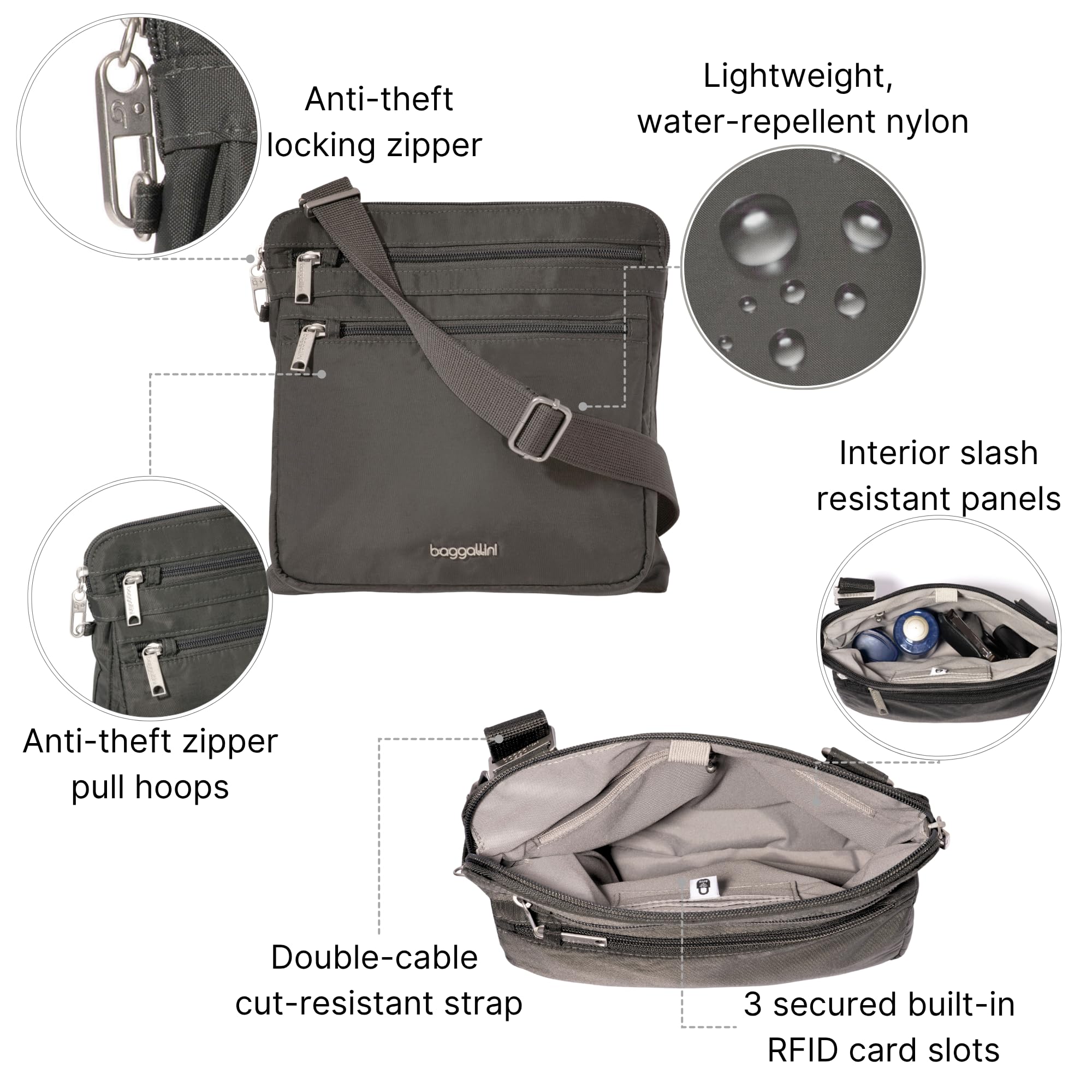 Baggallini Damen Theft Securtex Anti-Diebstahl Large Crossbody