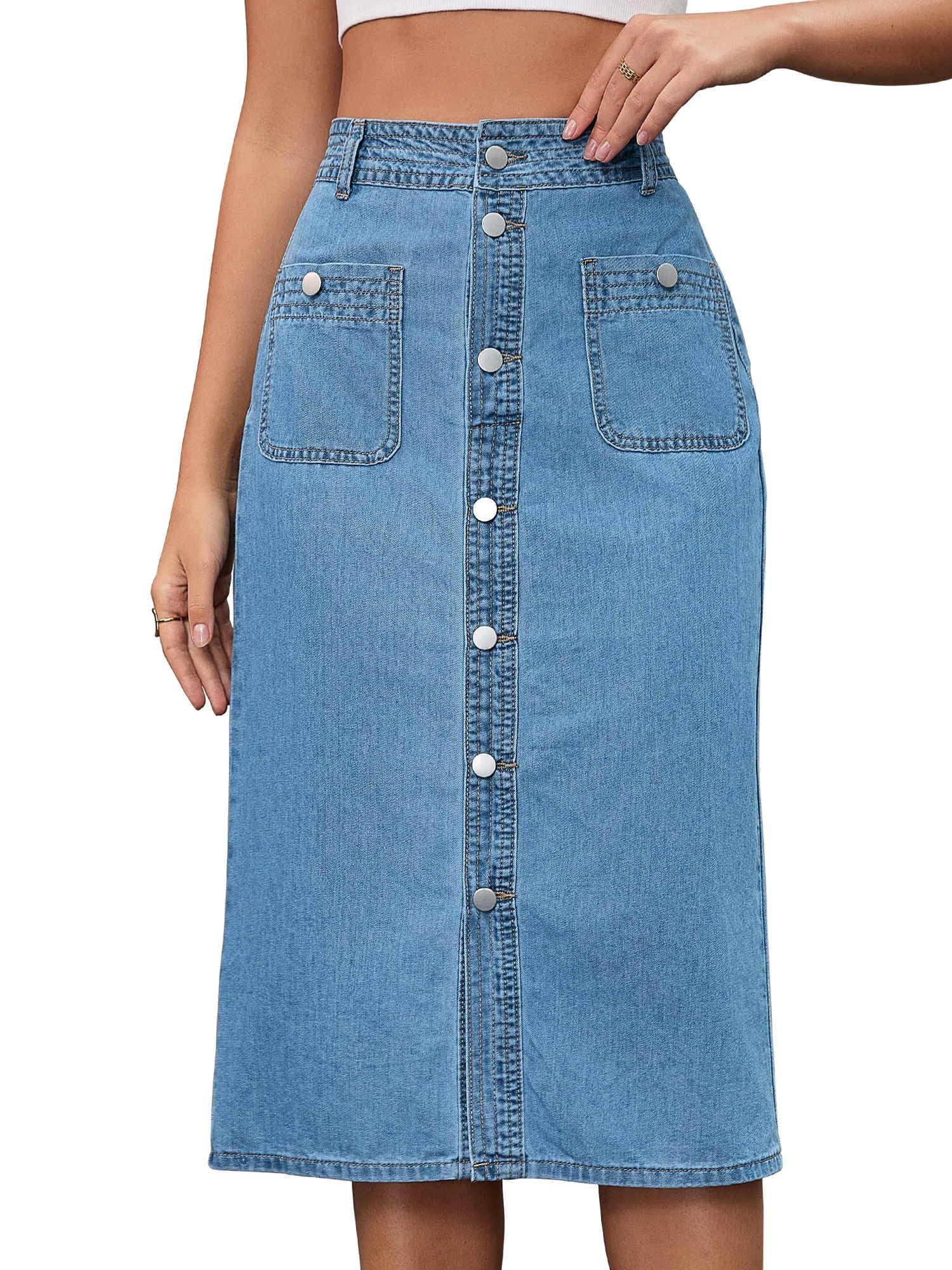 Damen Jeansrock Hohe Taille mit Knopfleiste und Taschen Midi | Klassischer Stil mit Modernem Twist Schlitz für Kantigkeit Ideal für Lässige Ausflüge Straße und Dates