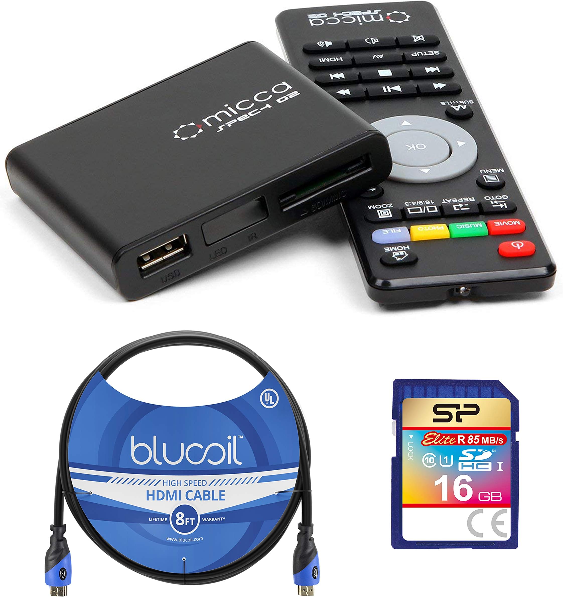 Micca Speck G2 1080p Full HD Ultra Portable Media Player Bundle with 16GB SDHC Memory Card, and Blucoil 8-FT HDMI Cable