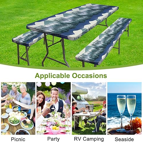 Miniatura 6 de ICOSY Mantel de picnic con fundas de banco de 30 x 72 pulgadas, resistente al viento, mantel rectangular ajustable para mesas de 6 pies, accesorios