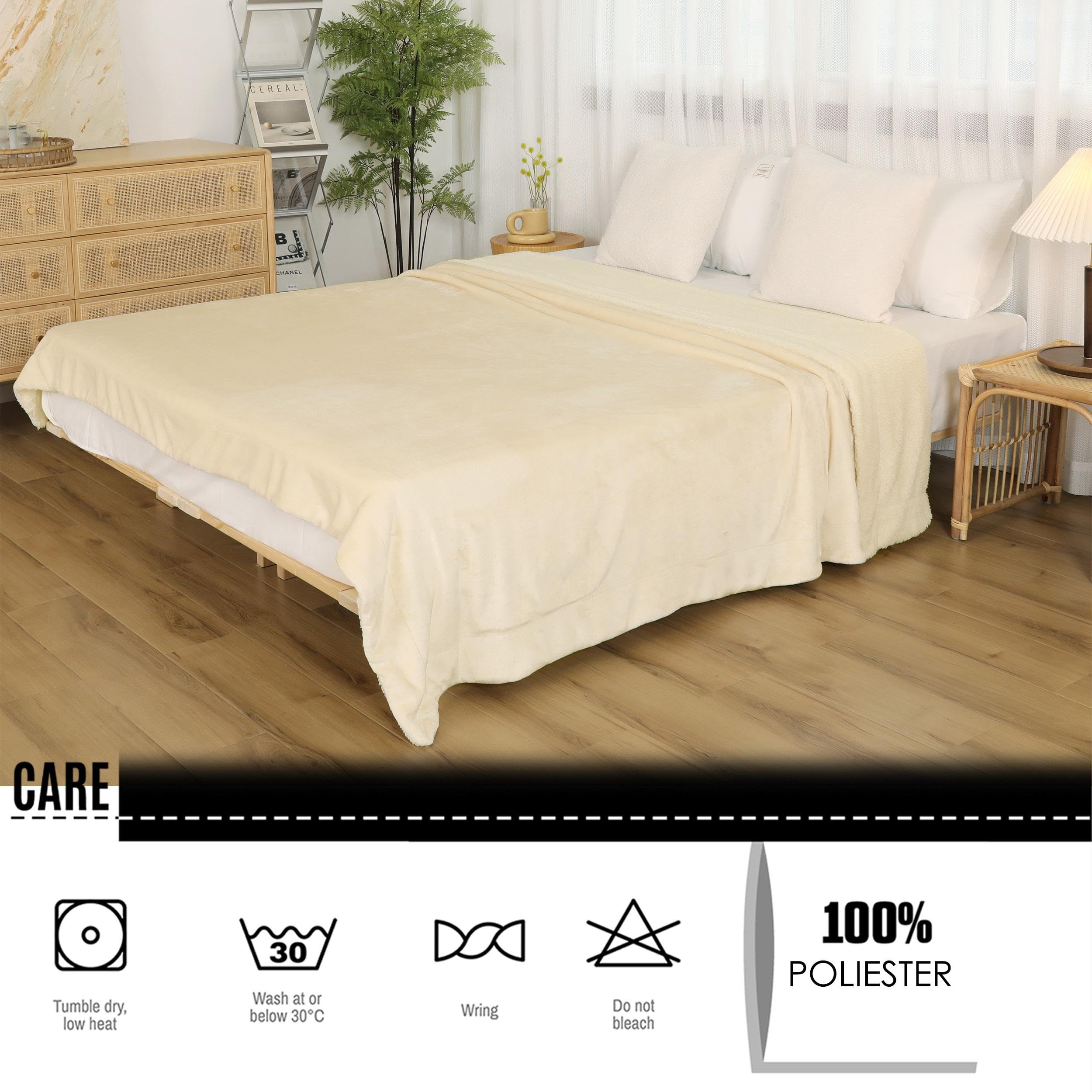 HOMEYA Manta Borreguillo para Sofa y Cama 220x240 cm - Reversible Franela y Sherpa, 100% Poliester, Suave y Calido, Manta Polar para Adulto y Niño, Beige