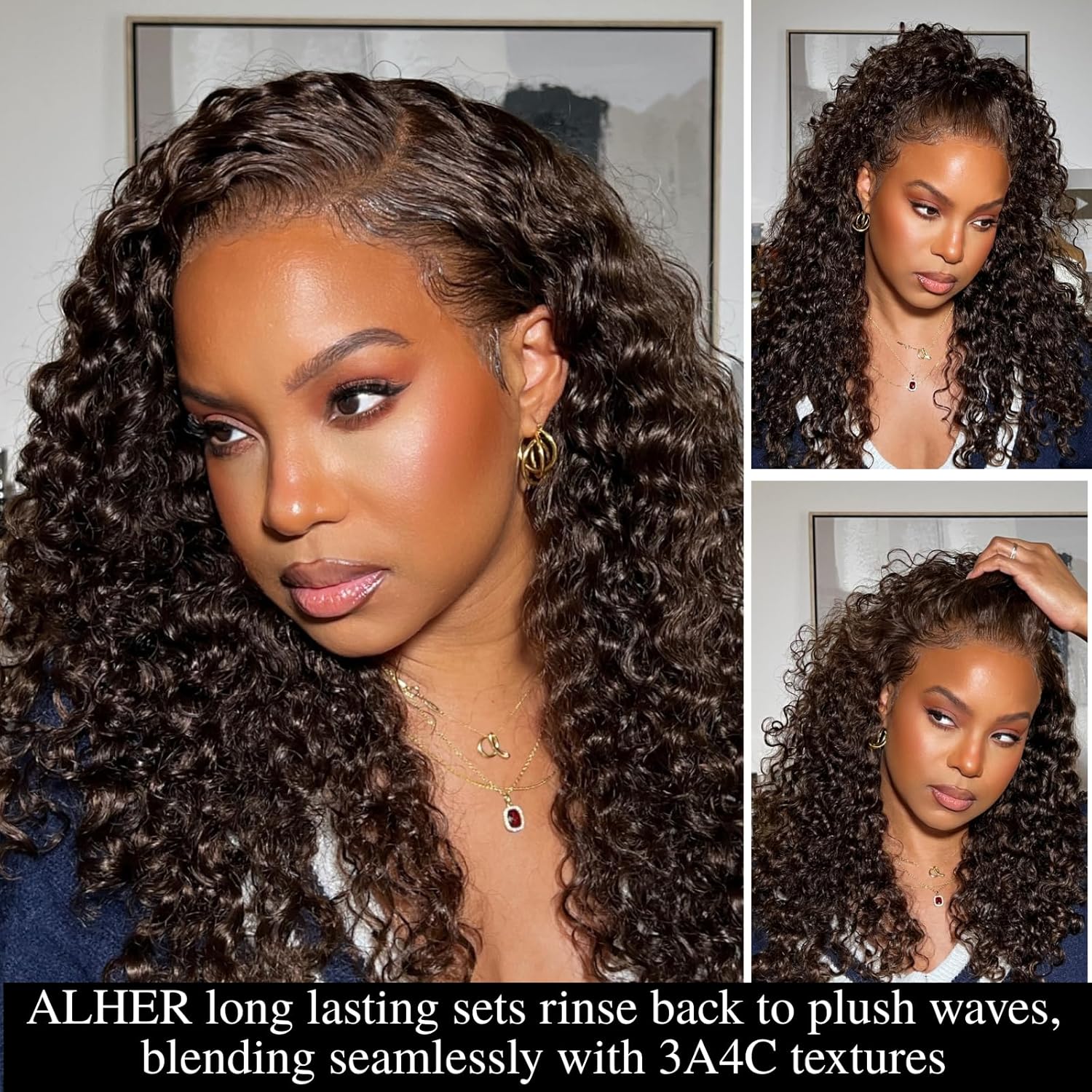 ALHER Color #4 Burmese Curly Bundles with 2x6 Closure Human Hair, 15A Soft Chocolate Brown 3 Bundles and 2x6 Kim K Lace Closure Long Deep Part 3c4a Water Wave with Spiral Curly End 16 18 20+16 Inch
