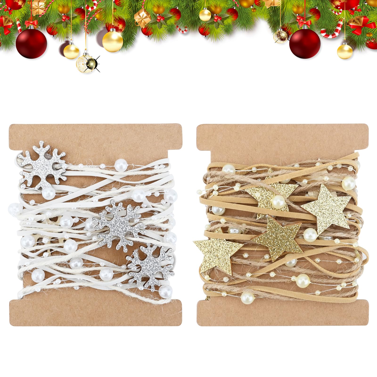 Bekecidi 2 Rolls Artificial Bead Ribbon, 4m Pearl Christmas Ribbon Beads Chain Ribbon Gold Sliver Christmas Wired Ribbon for Christmas Tree Wedding Craft Supplies