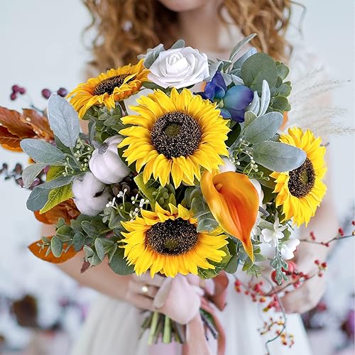 Miniatura 7 de Winlyn Paquete de 9 tallos artificiales de girasol, 19.7 pulgadas de alto, flores de seda amarillas realistas con tallos largos para florero, ramo,