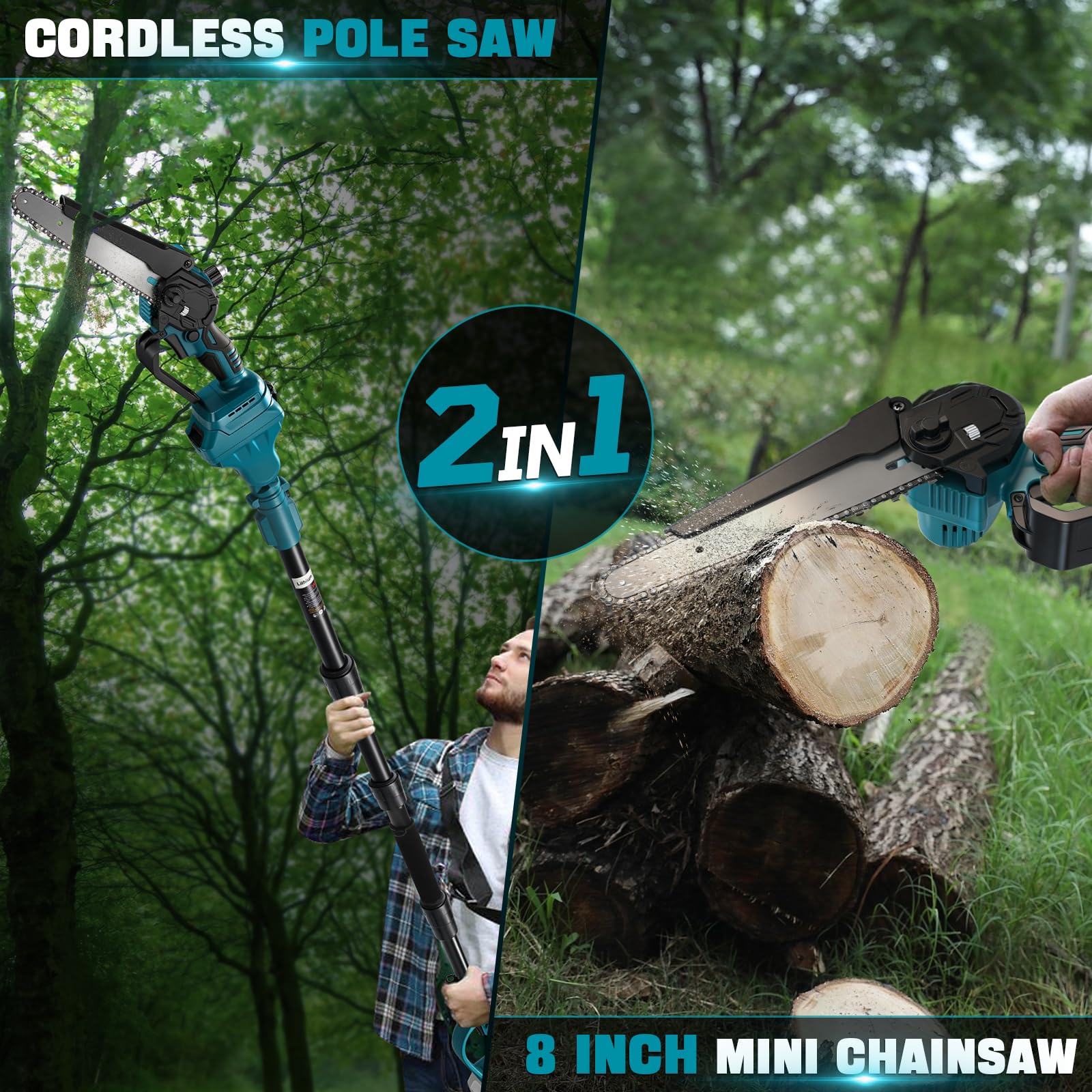 2-en-1 Motosierra telescópica compatible con Makita 18 V baterías, 8 pulgadas Eléctrica motosierra, longitud extensible 2 m, Mini motosierra con palo para ramas y jardín (sin batería) (MT)