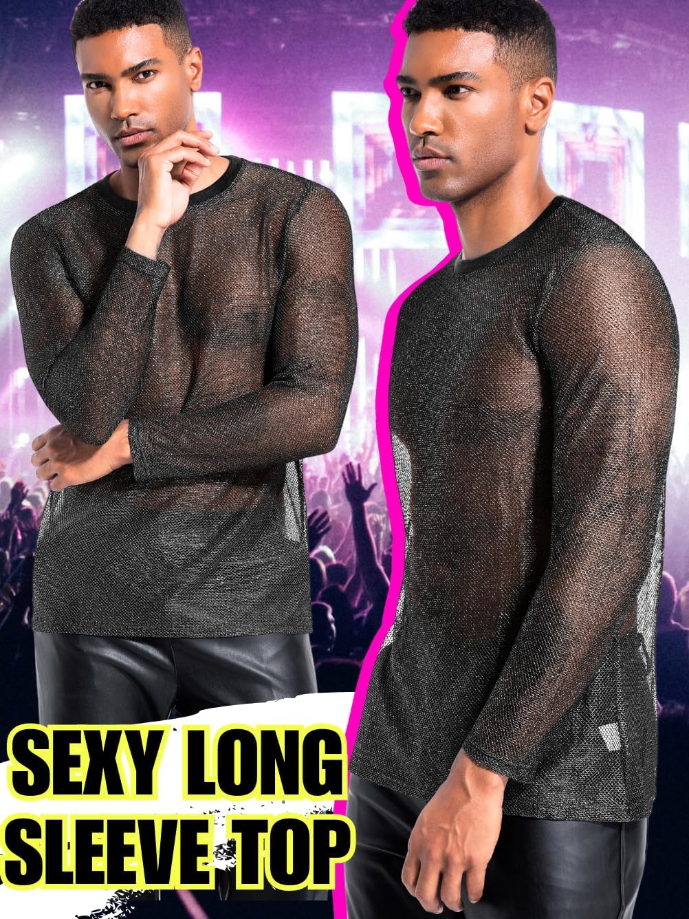 Mens Sexy Silver Glitter Mesh Shirt, Long Sleeve Sheer See Through Fishnet Top, Club Party Rave Outfit Music Festival - Image 2