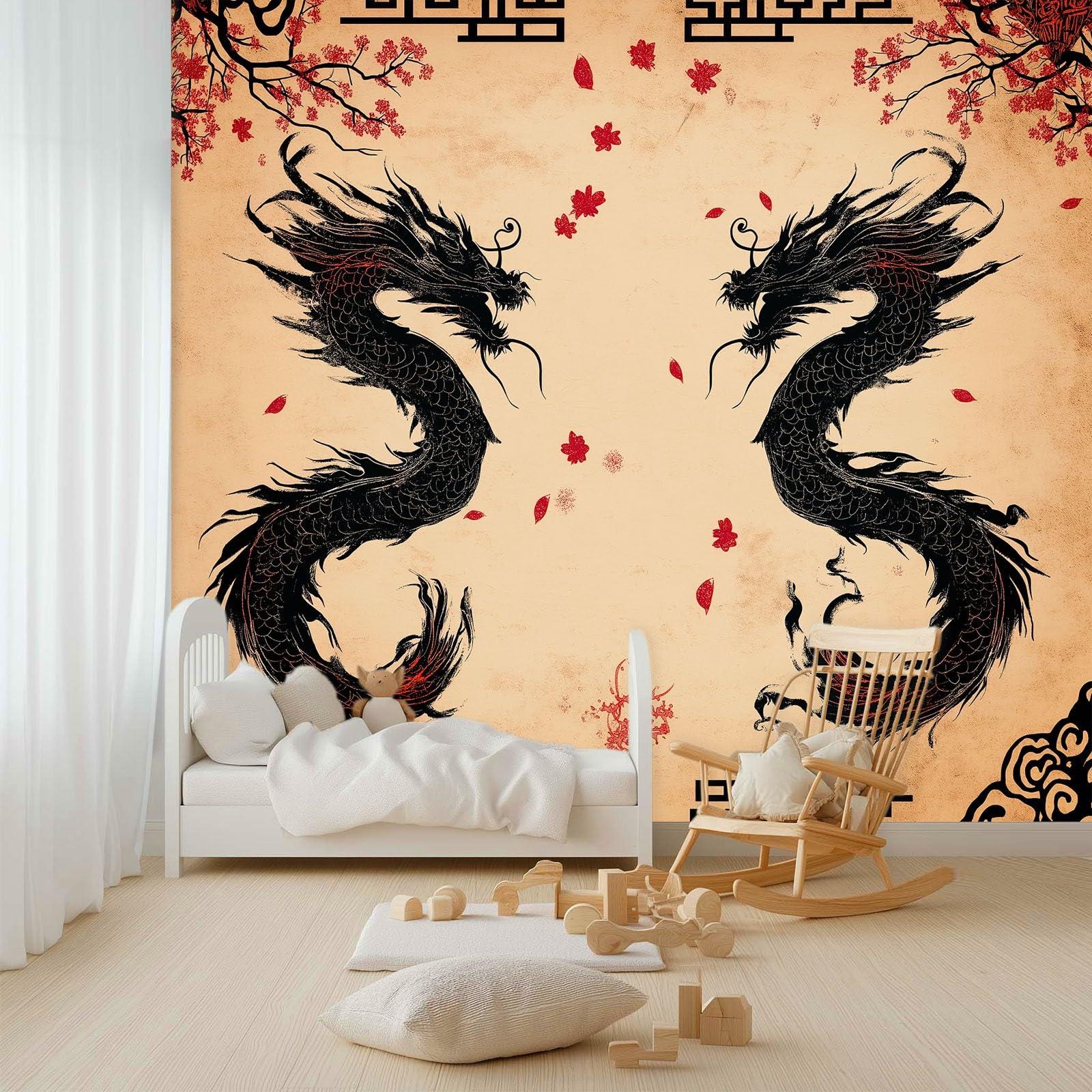 Générique 400 x 280 cm panoramiczna tapeta chiński styl smok kwiaty wiśni 3D projekt ścienny, dekoracja ścienna do zdjęć, tapety z włókniny dekoracja ścienna salon sypialnia, beżowy