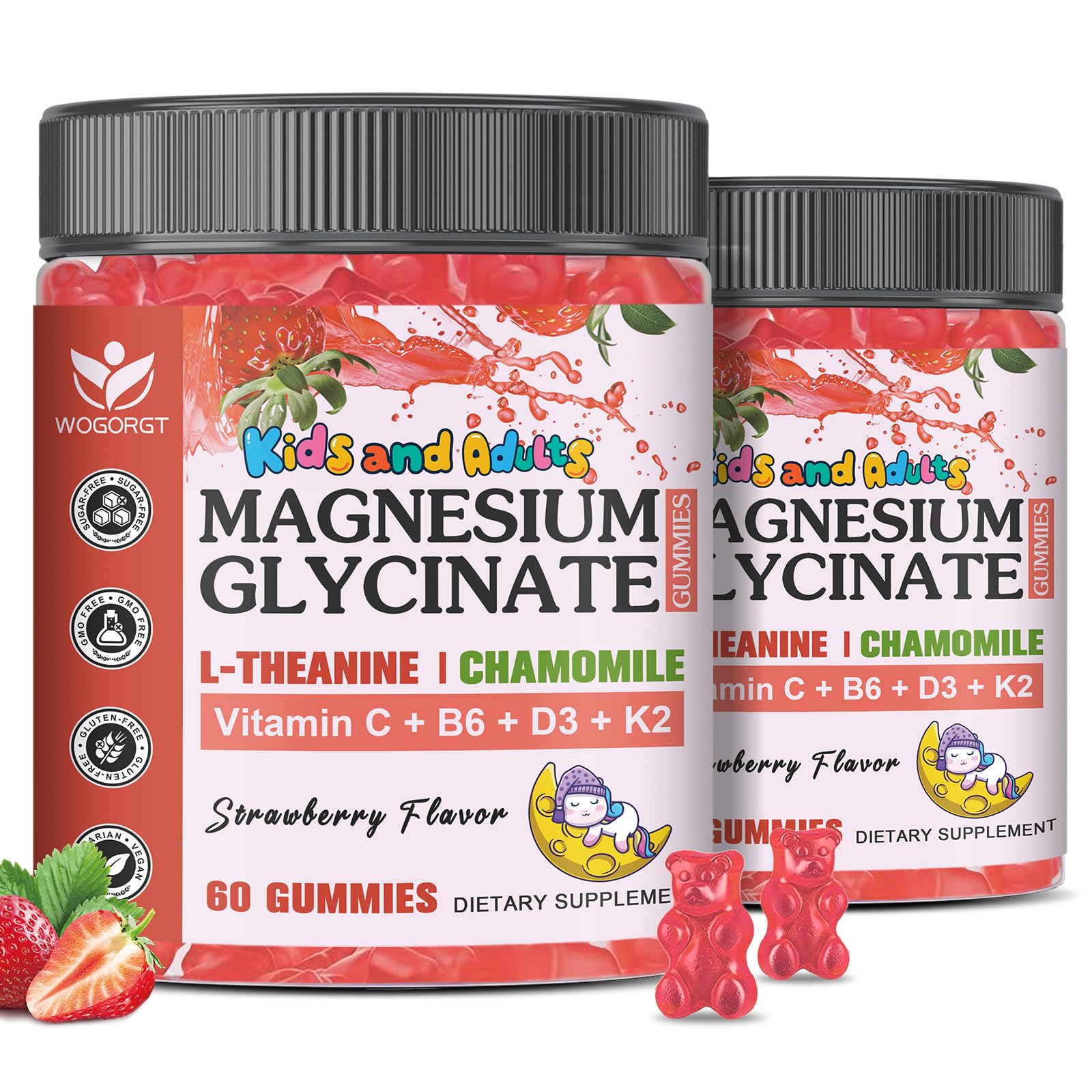 Magnesium Glycinate Gummies for Kids & Adults, Sugar Free, 60Ct (2Pack) Strawberry 60 Count (Pack of 2)