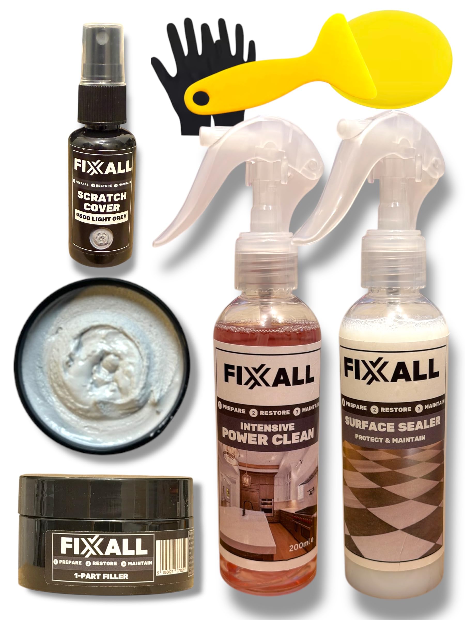 Fixxall All Surface Repair Kit – Floor, Worktop & Furniture Repair Kit for Wood, Laminate, Vinyl, Tile & Stone Surfaces – 16 Colour Repair Fillers & Scratch Cover (Light Grey)