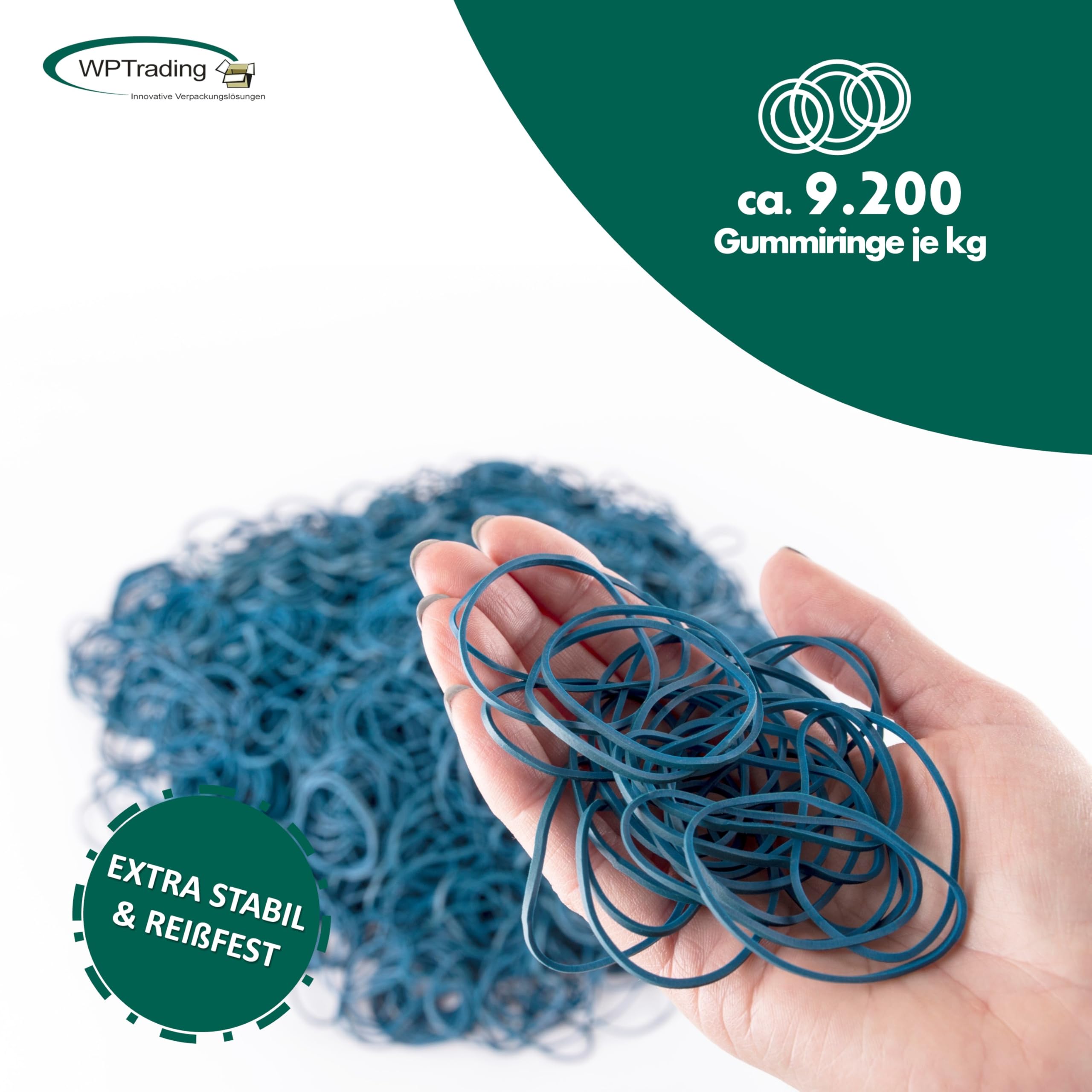 WPTrading Gummiringe & Gummibänder 1 Kg – Blau & Grün, 20-120 Mm, Für Büro, Basteln & Co.