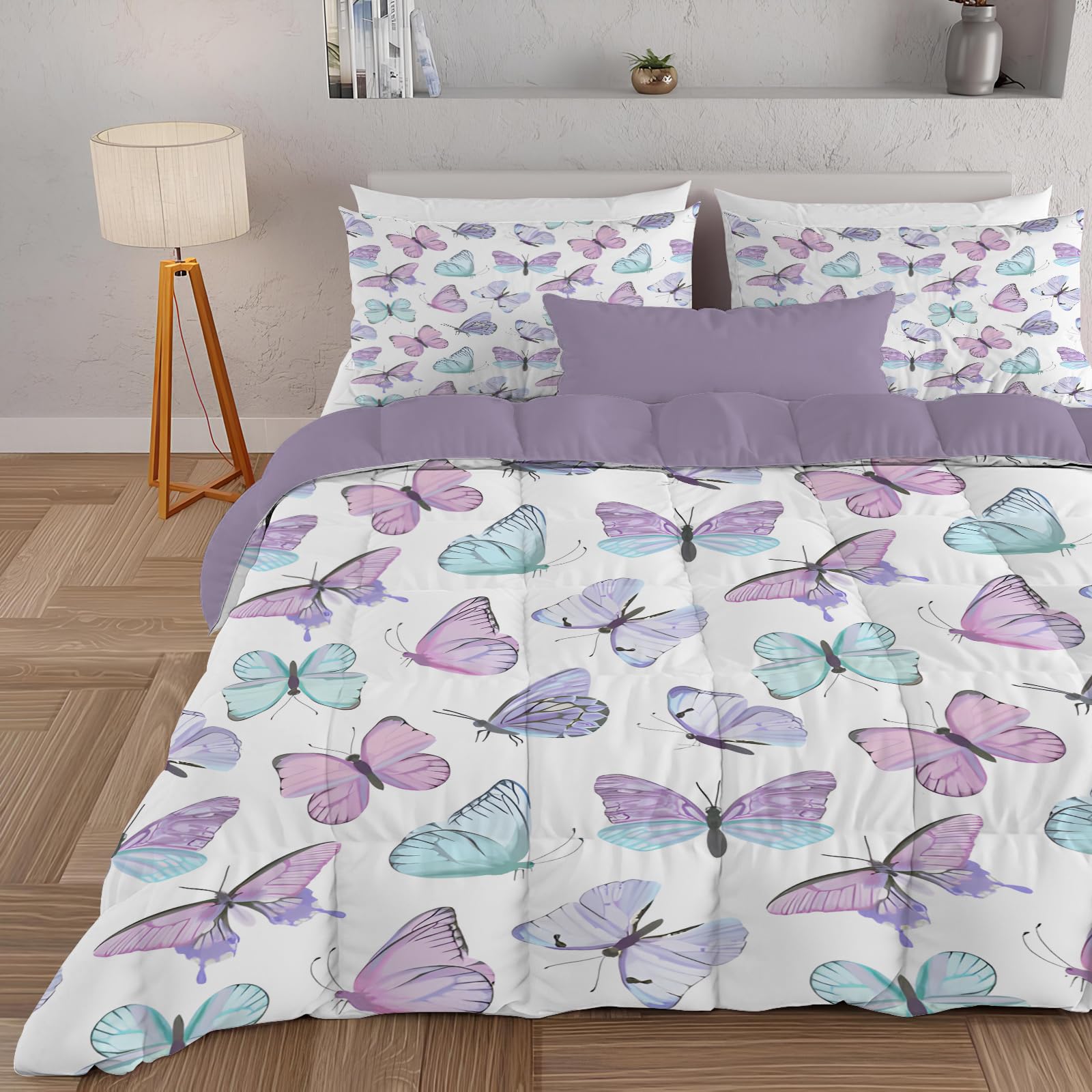 Dyausi Purple Single Duvet - Reversible Coverless Duvet 2 Piece - Summer Duvet With Butterfly Pattern - Lightweight Hypoallergenic And Machine Washable Comforter - Single 135X200cm