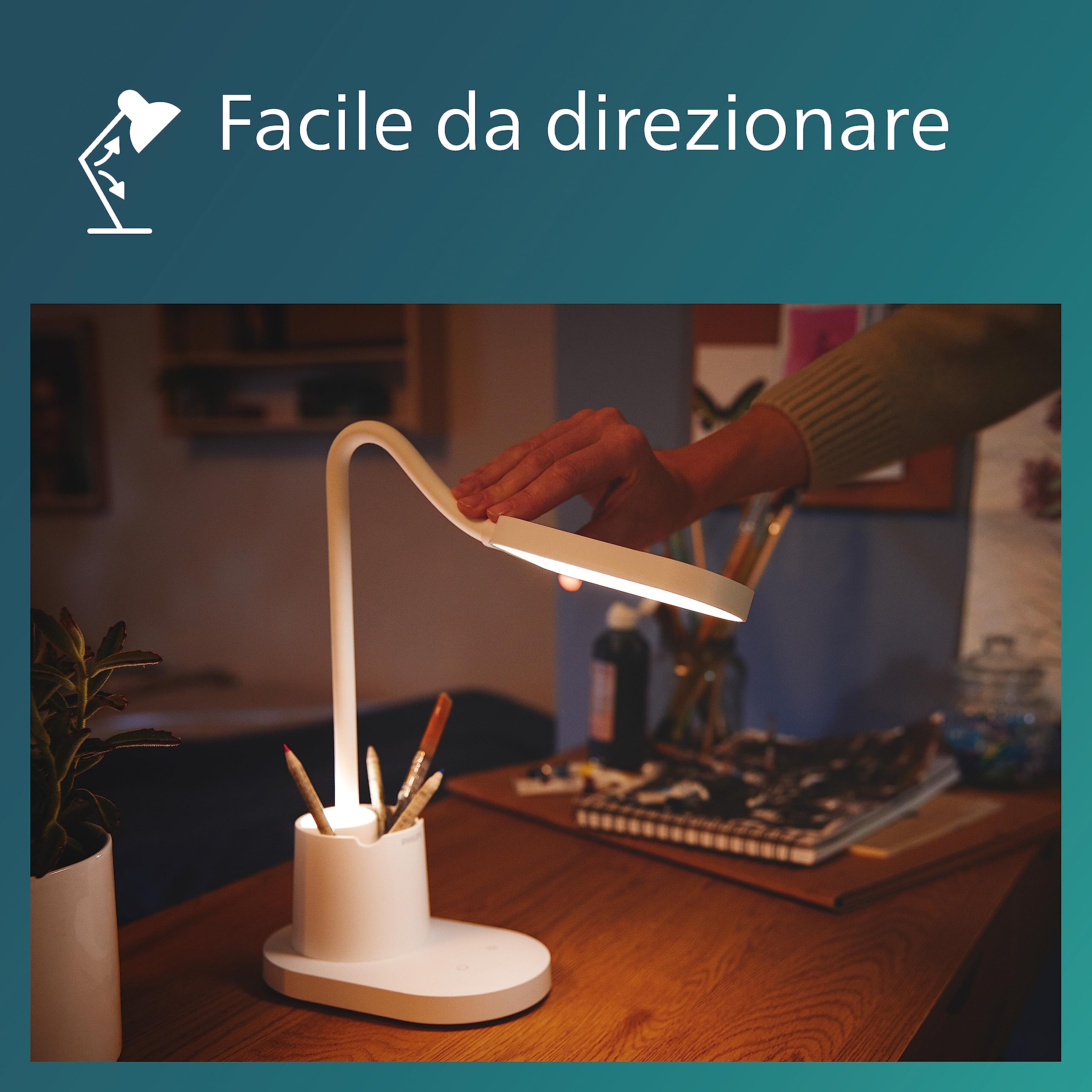 Philips LED Lampka biurkowa Performance Bucket DSK214, 8 W, 3000-5700 K, biała, możliwość przyciemniania, USB