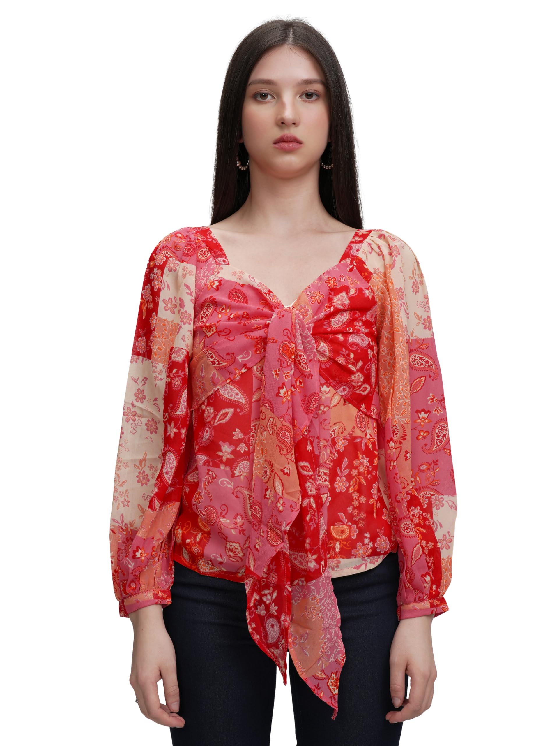 tokyo talkies Women's Bishop Sleeves Bust Tie-Up Semi-Sheer Ethnic Motif Top | Elegant & Boho | Perfect for Casual Tops for Woman | Women Tops | Stylish Top-picture-49