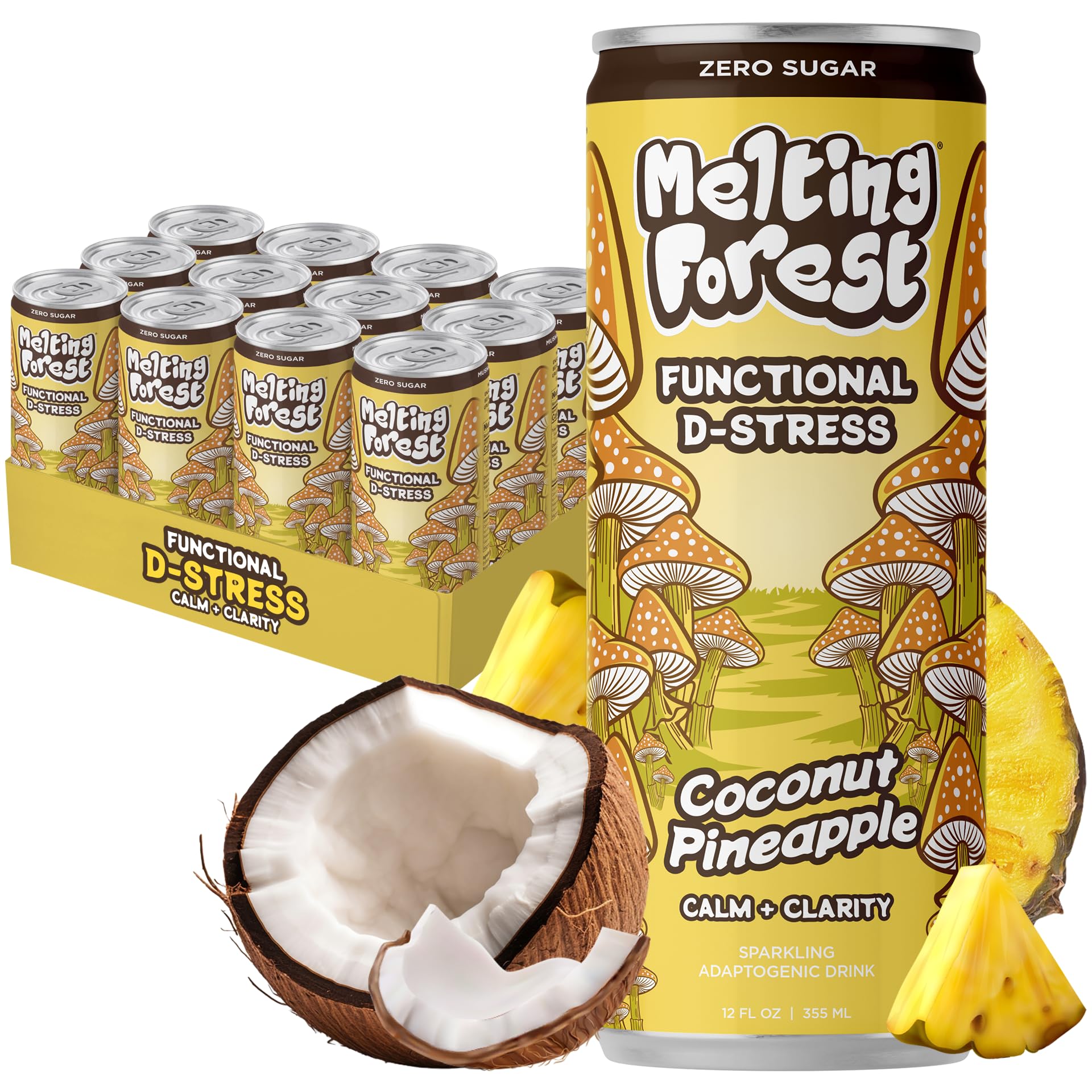 MELTING FORESTMushroom D-Stress Drink - Reishi & Lion's Mane - Stress Relieving & Focus - Cognitive Function & Mental Clarity - 12 Pack - Coconut Pineapple