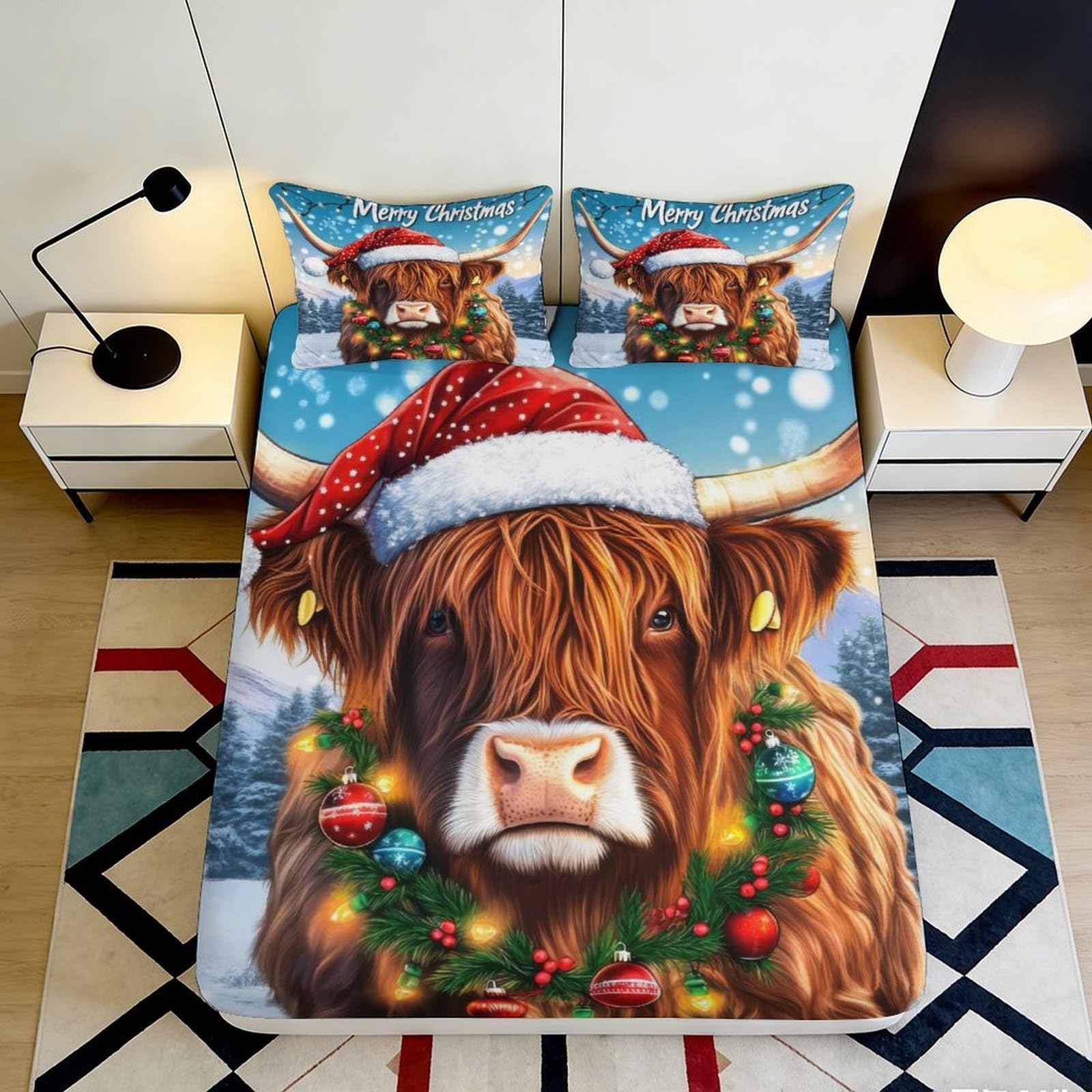 Uxinyoume Style-9 3D Printed Christmas Highland Cow Fitted Sheet Microfiber Anti-Slip Mattress Cover For Bedroom Dorm Decor 90X200x25cm